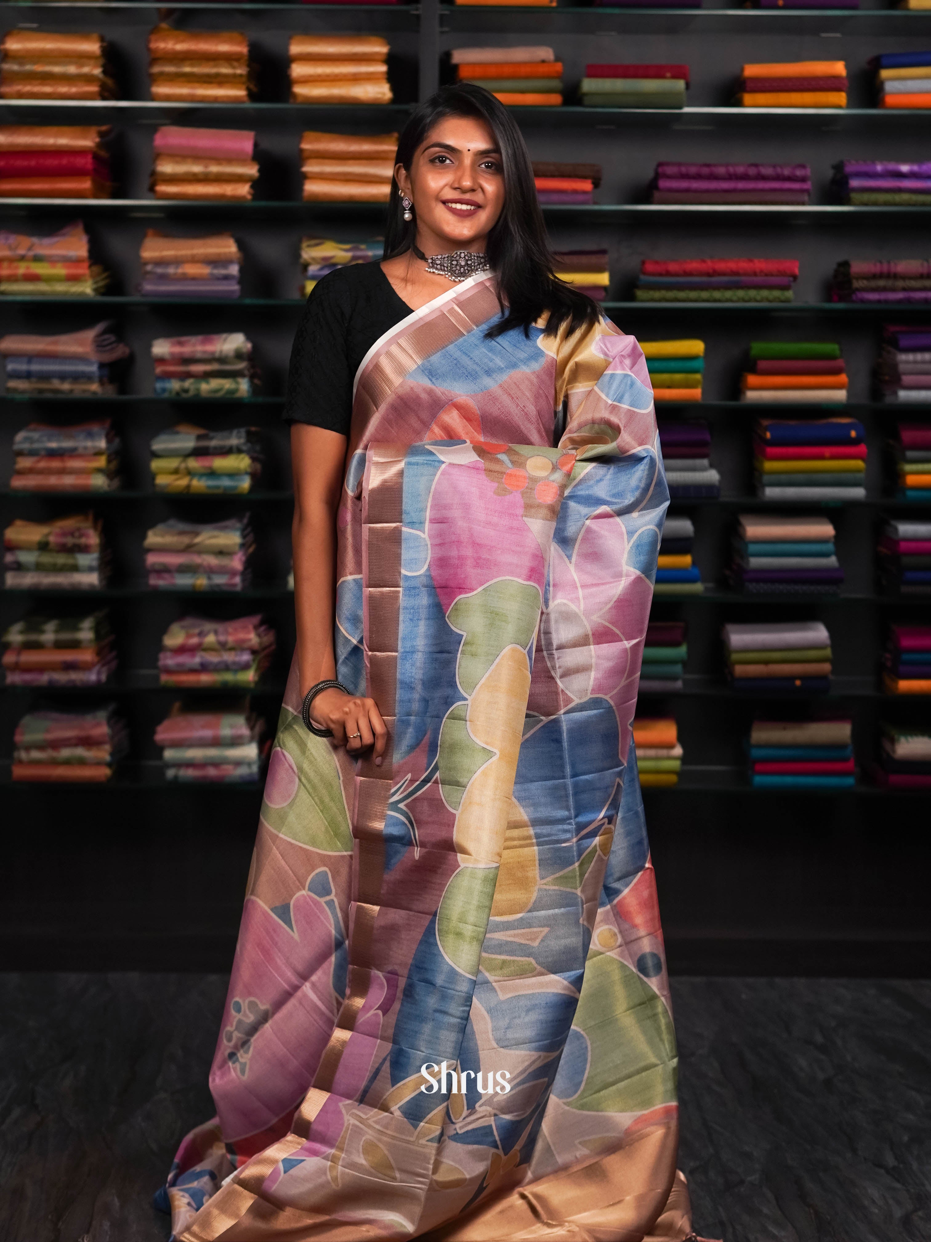 Peach & Multicolour - Moonga silk Saree - Shop on ShrusEternity.com
