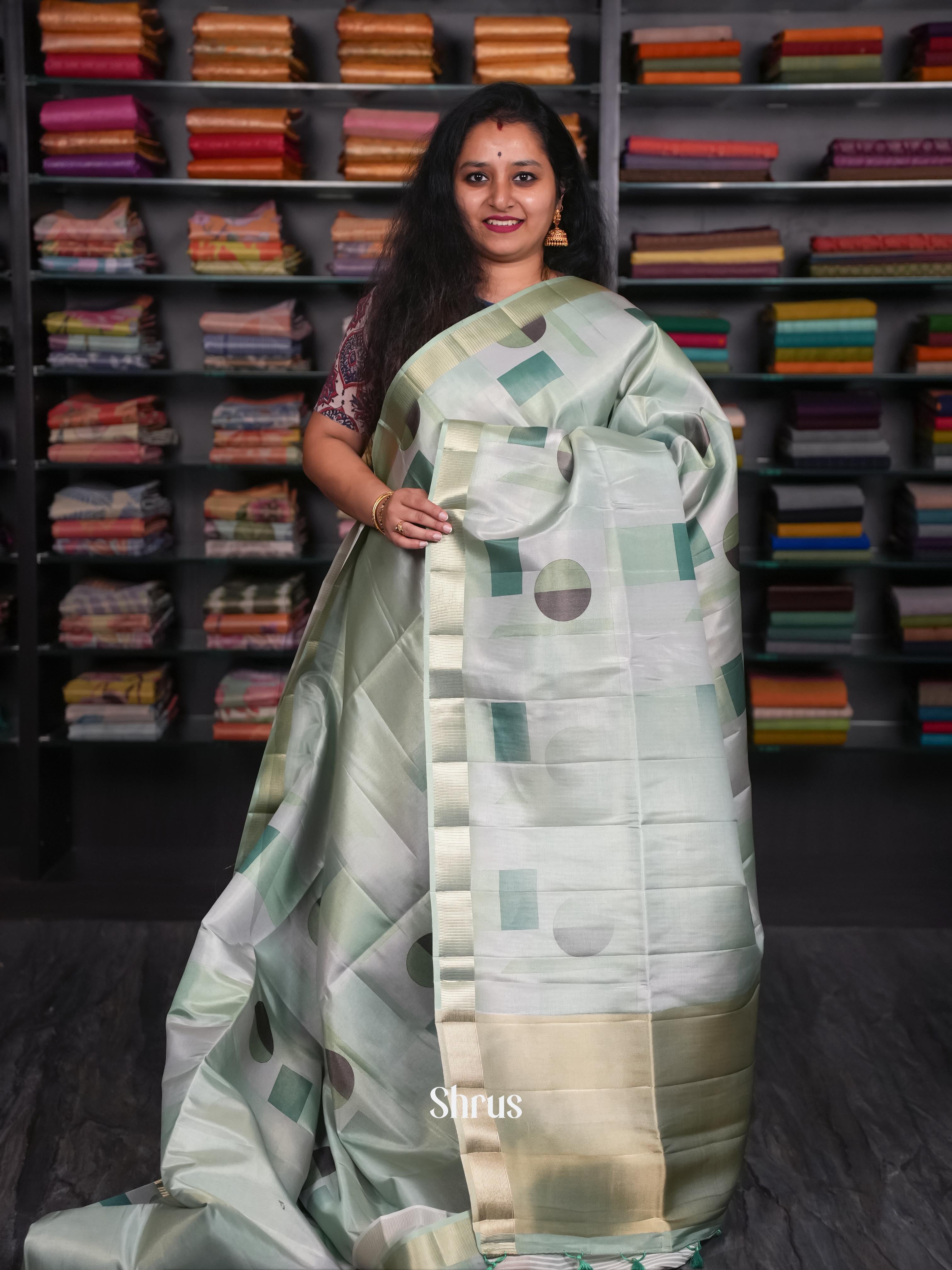 Grey & Green - Moonga Silk Saree - Shop on ShrusEternity.com