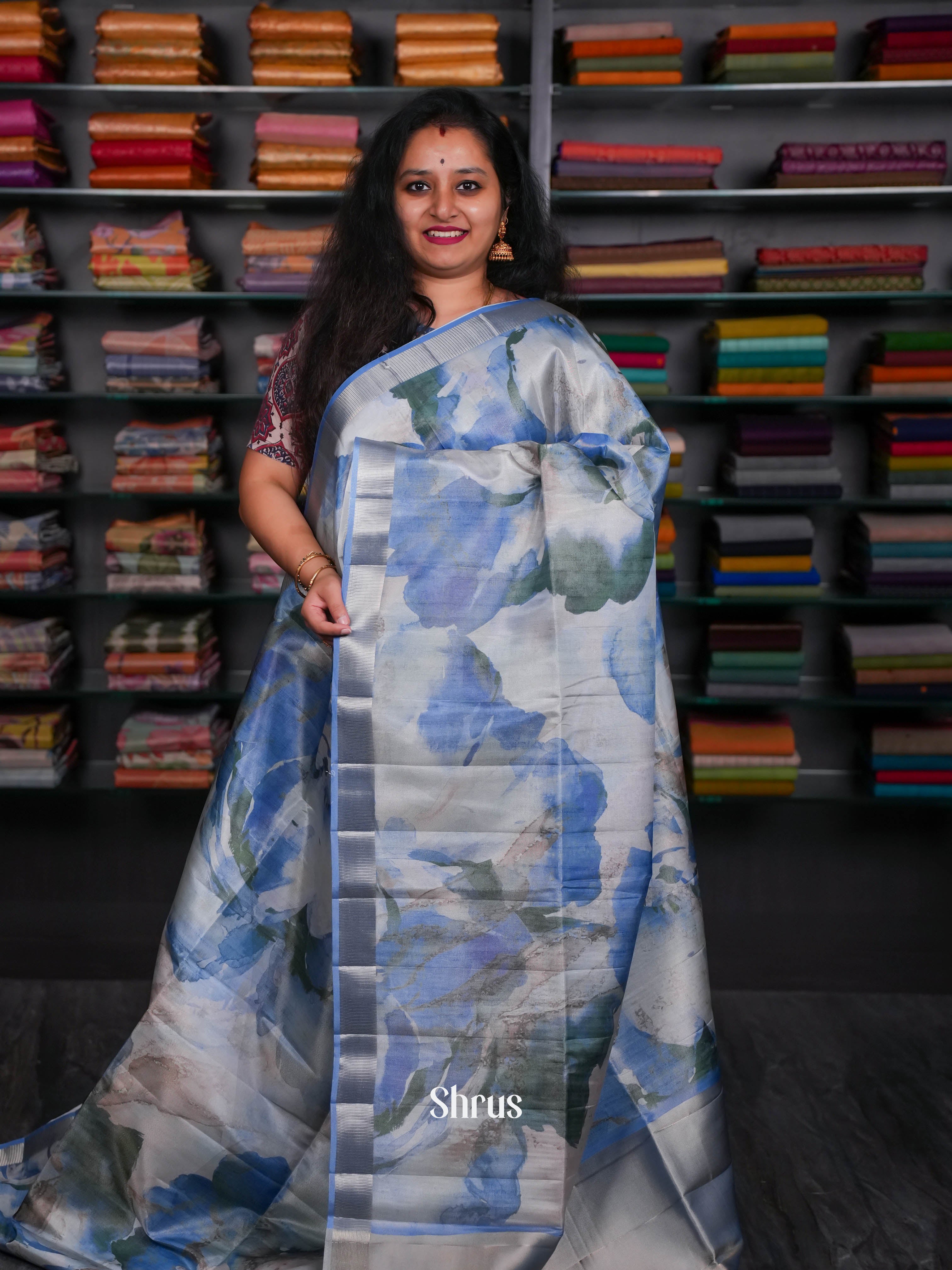 Grey & Blue- Moonga Silk Saree - Shop on ShrusEternity.com