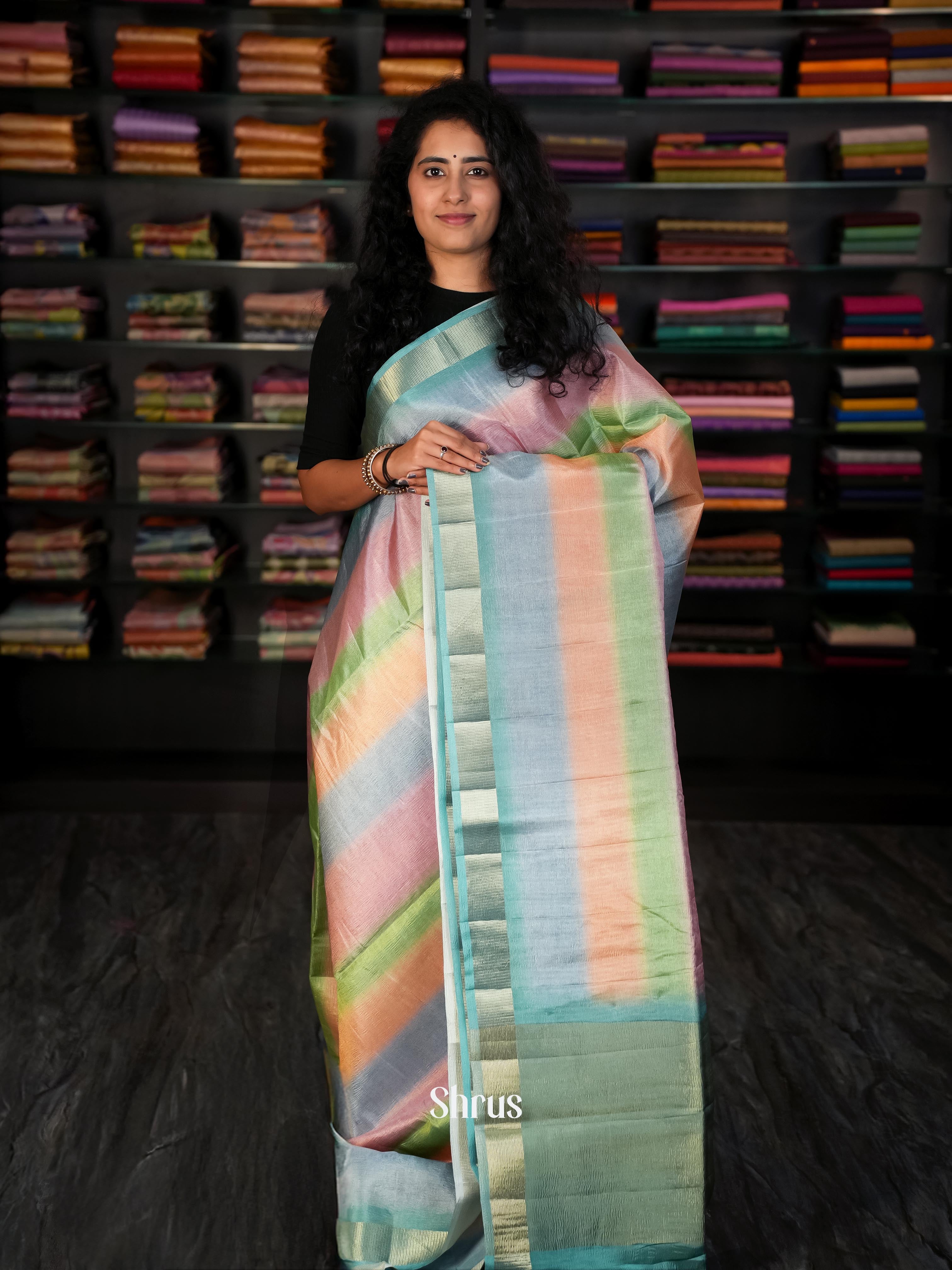 Multicolor & Teal - Bamboo silk Saree - Shop on ShrusEternity.com