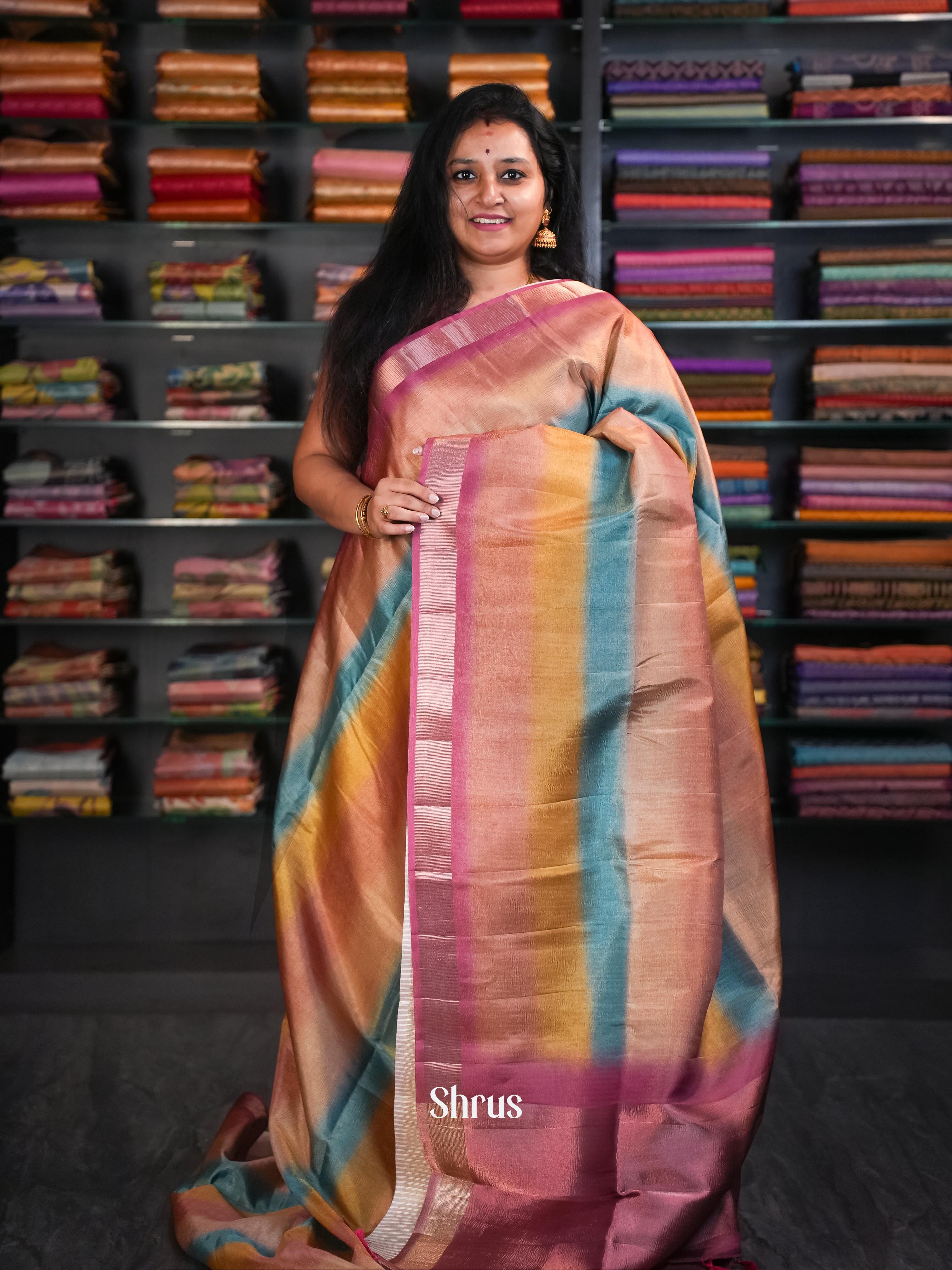 Multicolor & Pink - Bamboo silk Saree - Shop on ShrusEternity.com