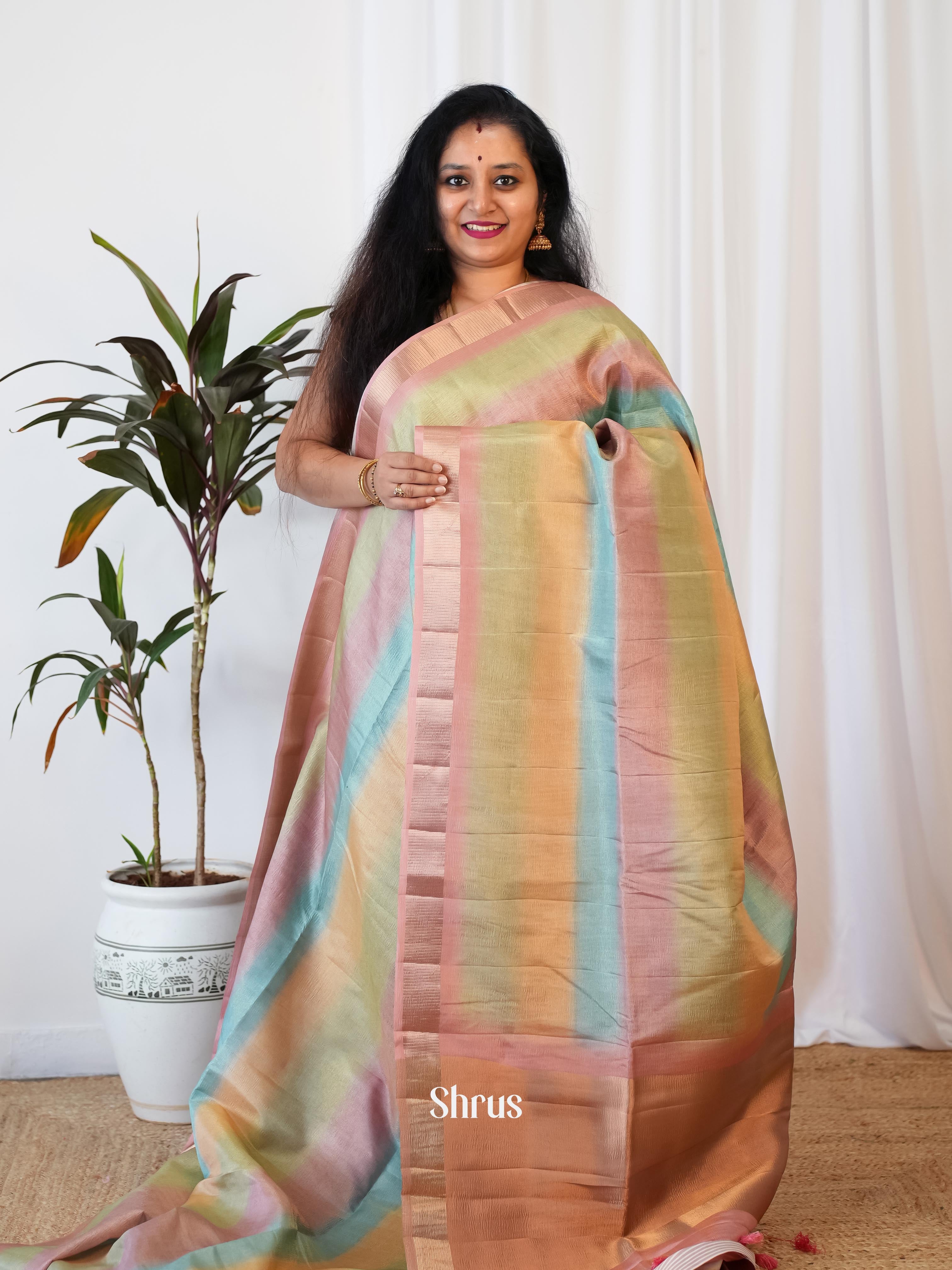 Multicolor & Pink - Bamboo Silk Saree - Shop on ShrusEternity.com