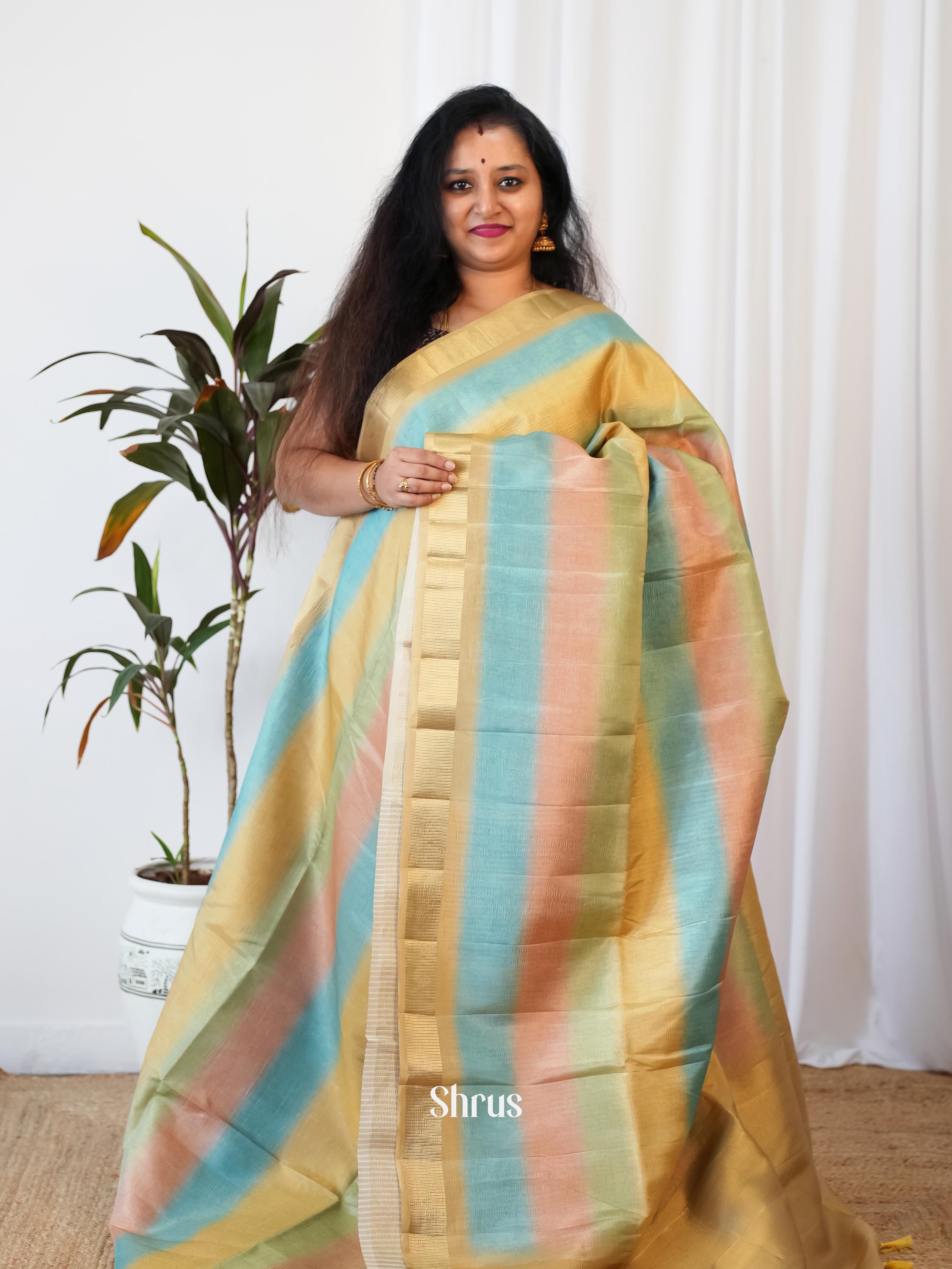 Multicolor & Cream- Bamboo Silk Saree - Shop on ShrusEternity.com