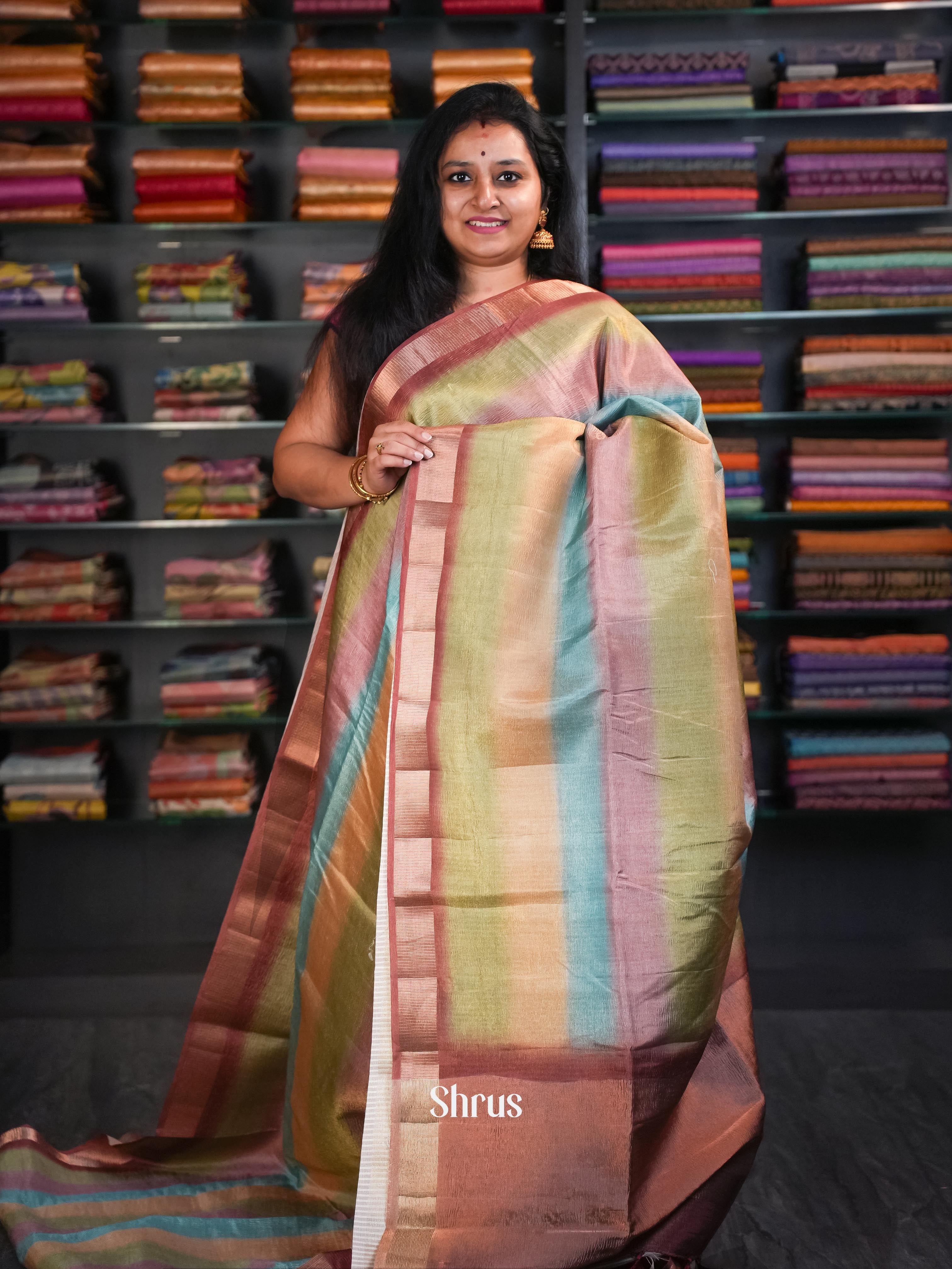 Multi Colour & Brown - Bamboo silk Saree - Shop on ShrusEternity.com