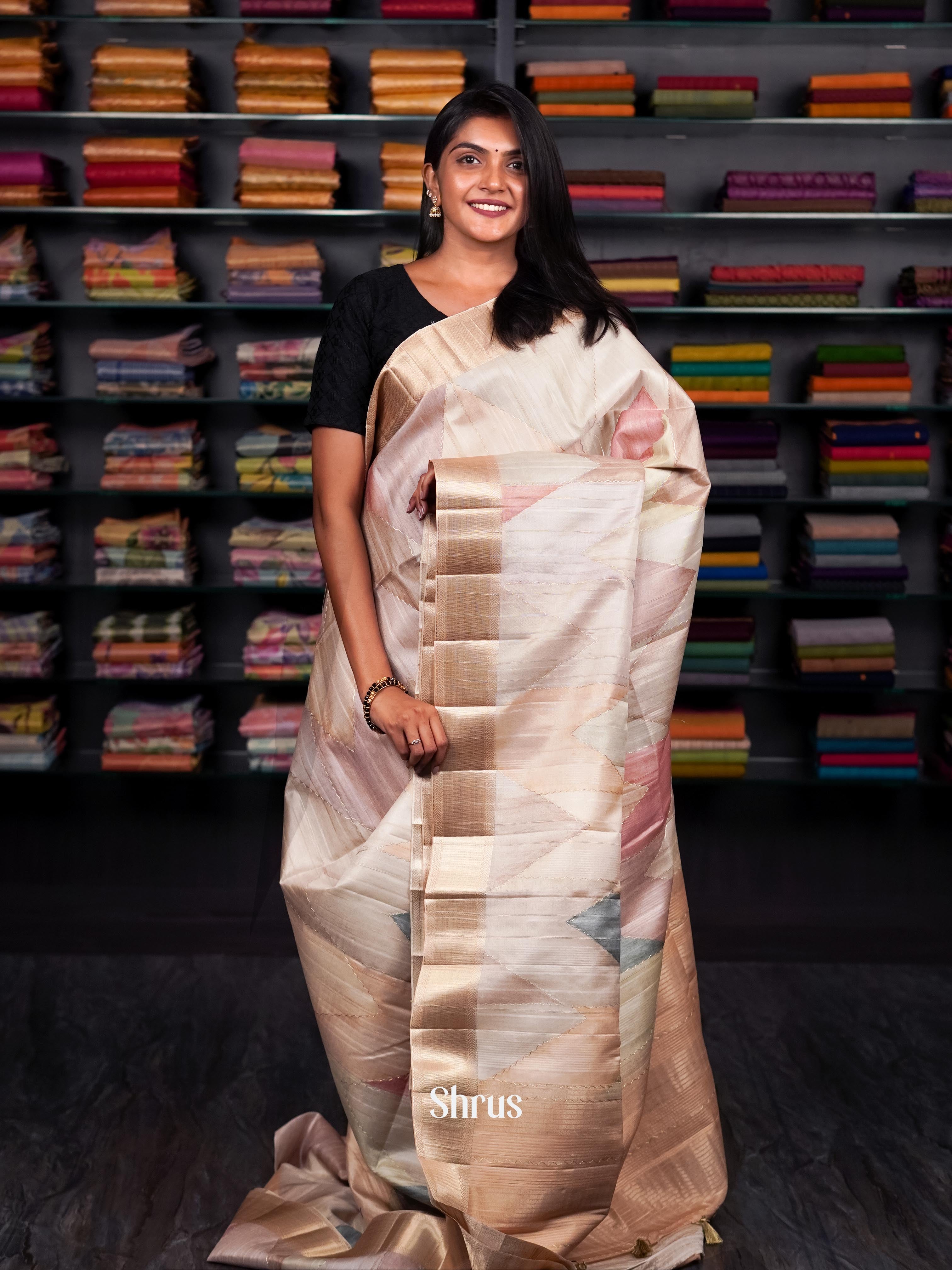 Light Gold Cream Color & brown - Moonga silk Saree - Shop on ShrusEternity.com