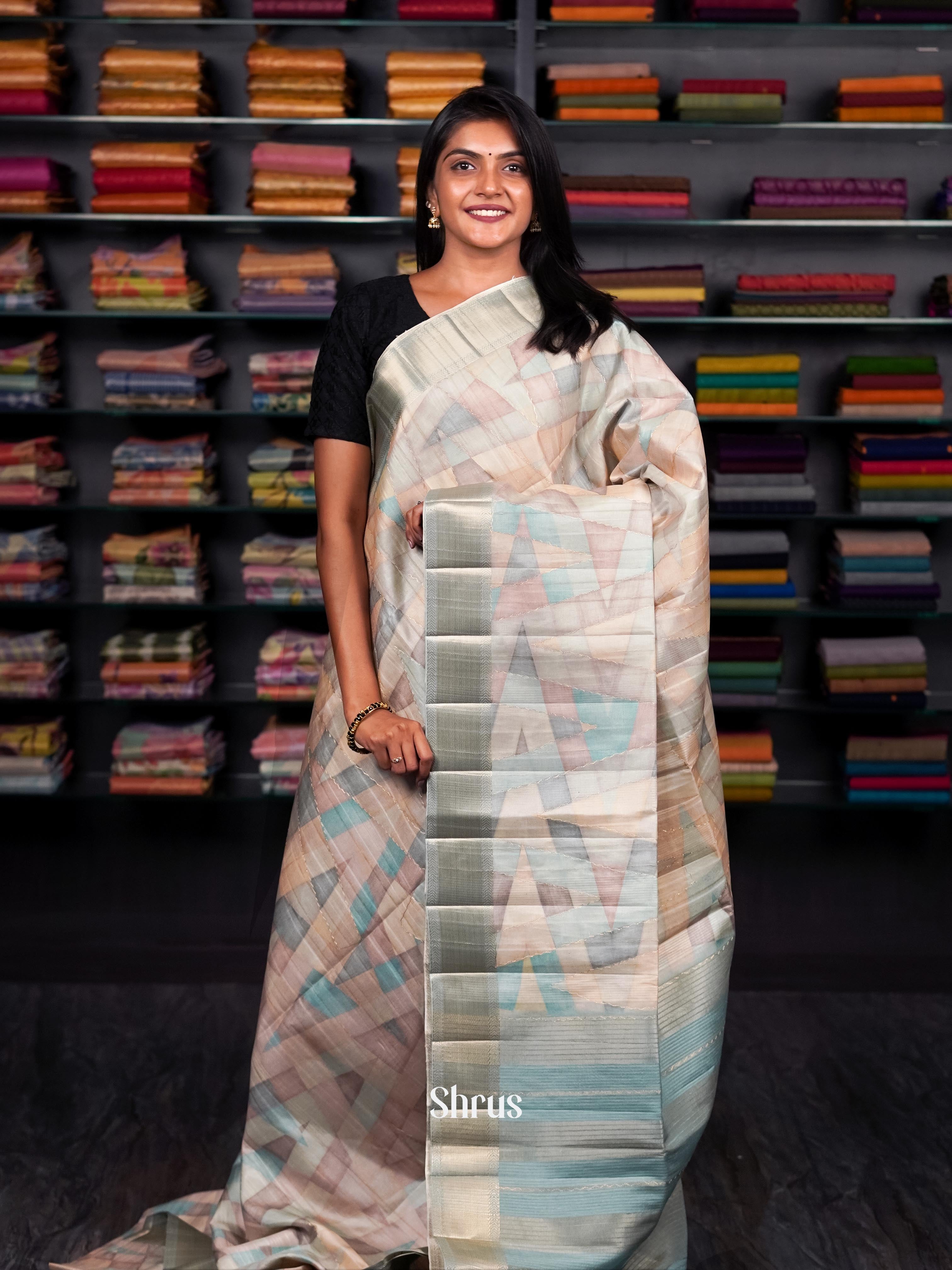Dusty Green & Multicolour - Moonga silk Saree - Shop on ShrusEternity.com