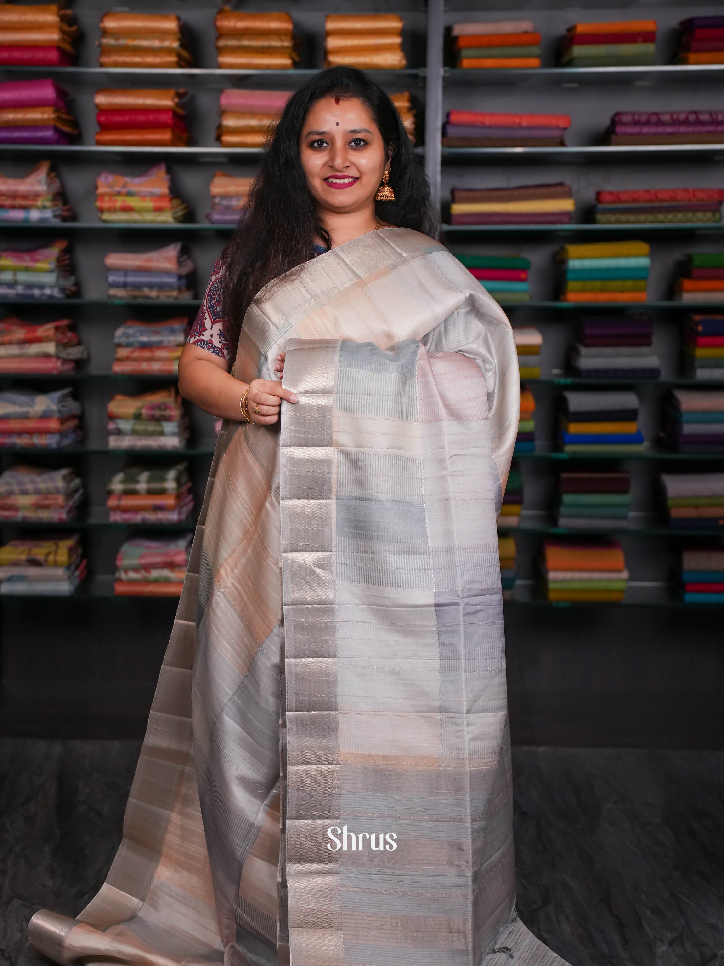 Peach & Grey - Moonga Silk Saree - Shop on ShrusEternity.com