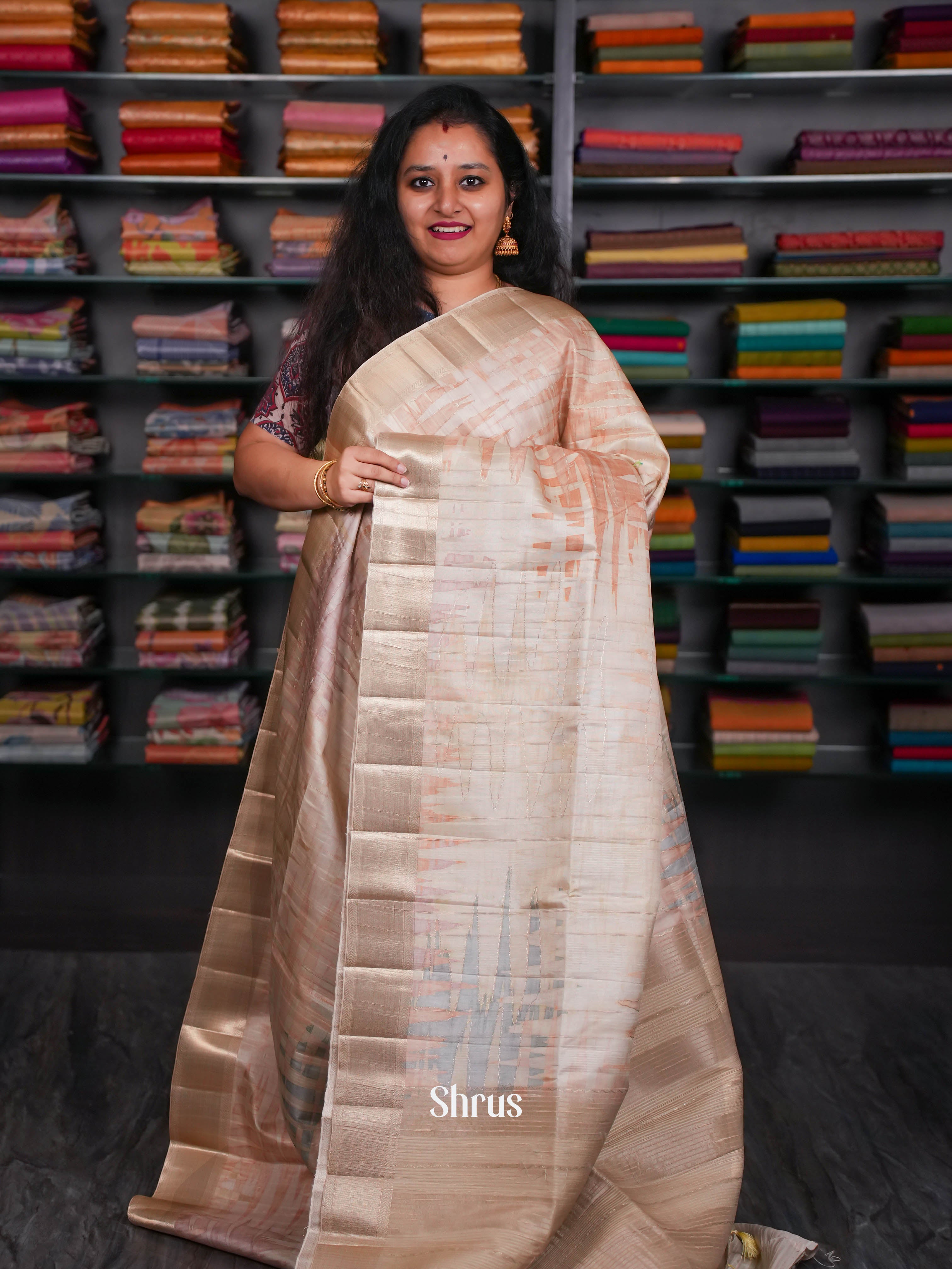 Peach & Grey- Moonga Silk Saree - Shop on ShrusEternity.com