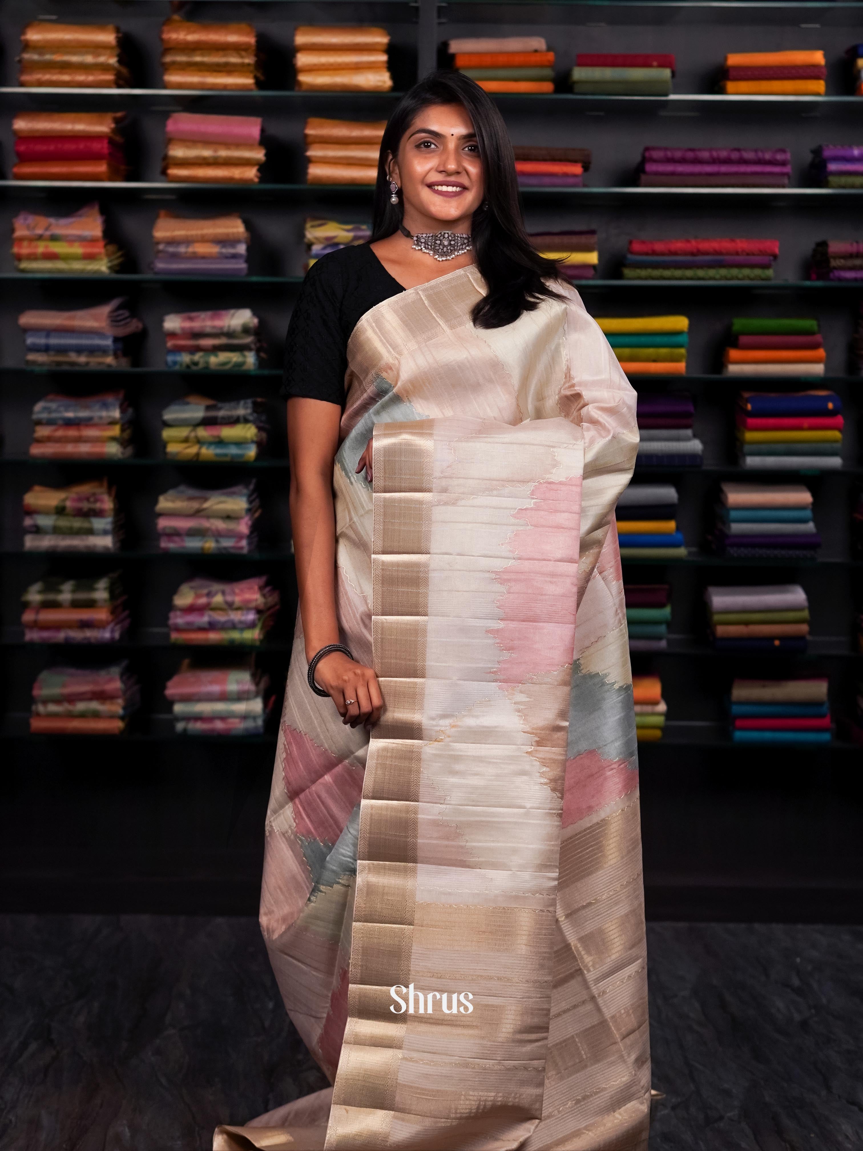 Beige & Pink - Moonga silk Saree - Shop on ShrusEternity.com
