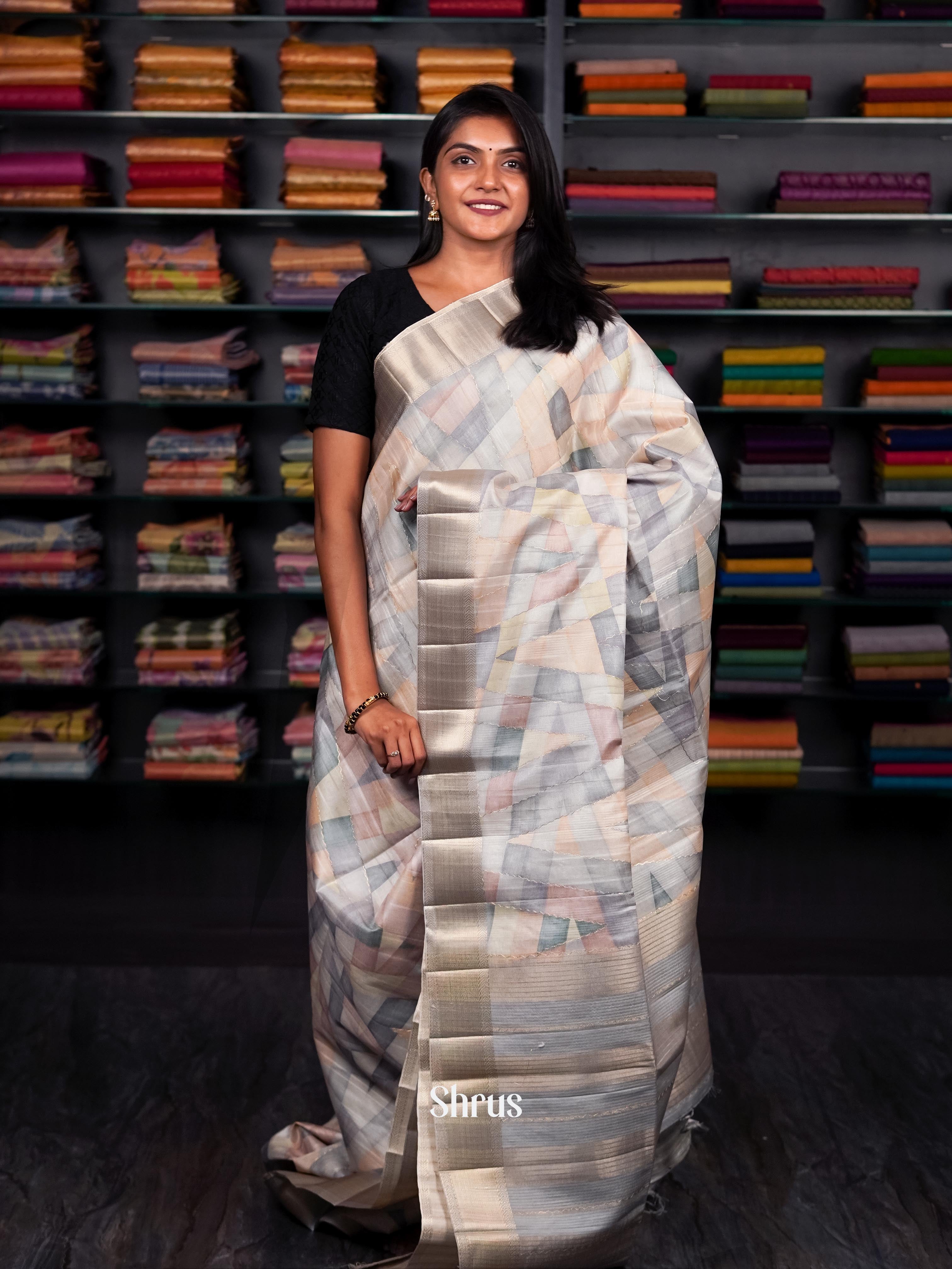 Creamy Grey - Moonga silk Saree - Shop on ShrusEternity.com