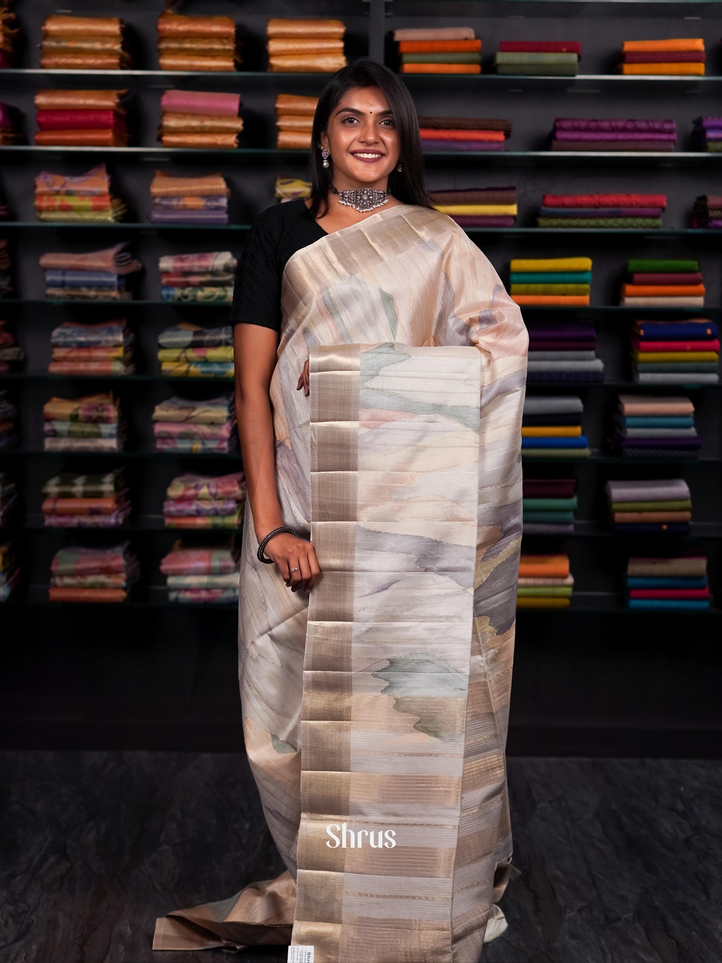 Cream & Green - Moonga silk Saree - Shop on ShrusEternity.com