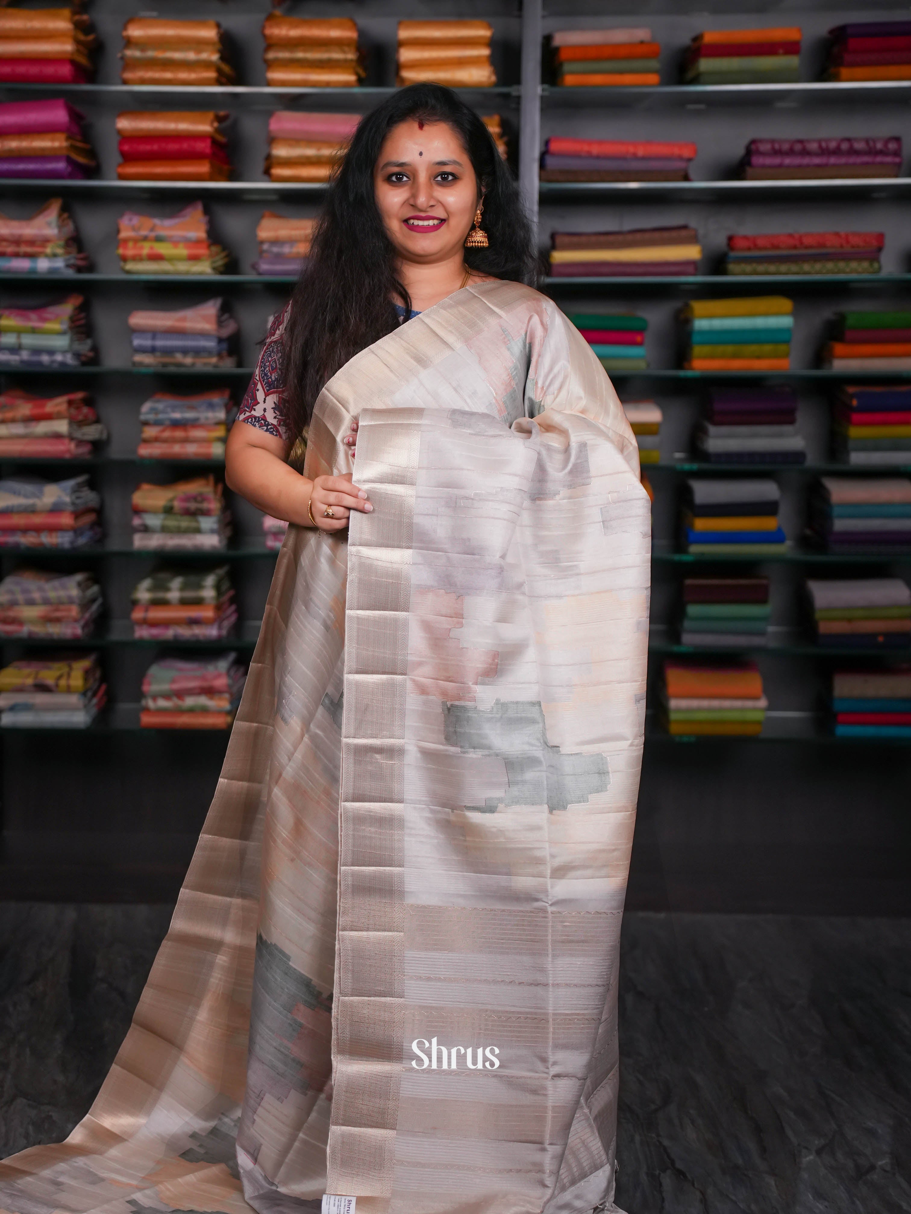 Cream & Grey - Moonga Silk Saree - Shop on ShrusEternity.com