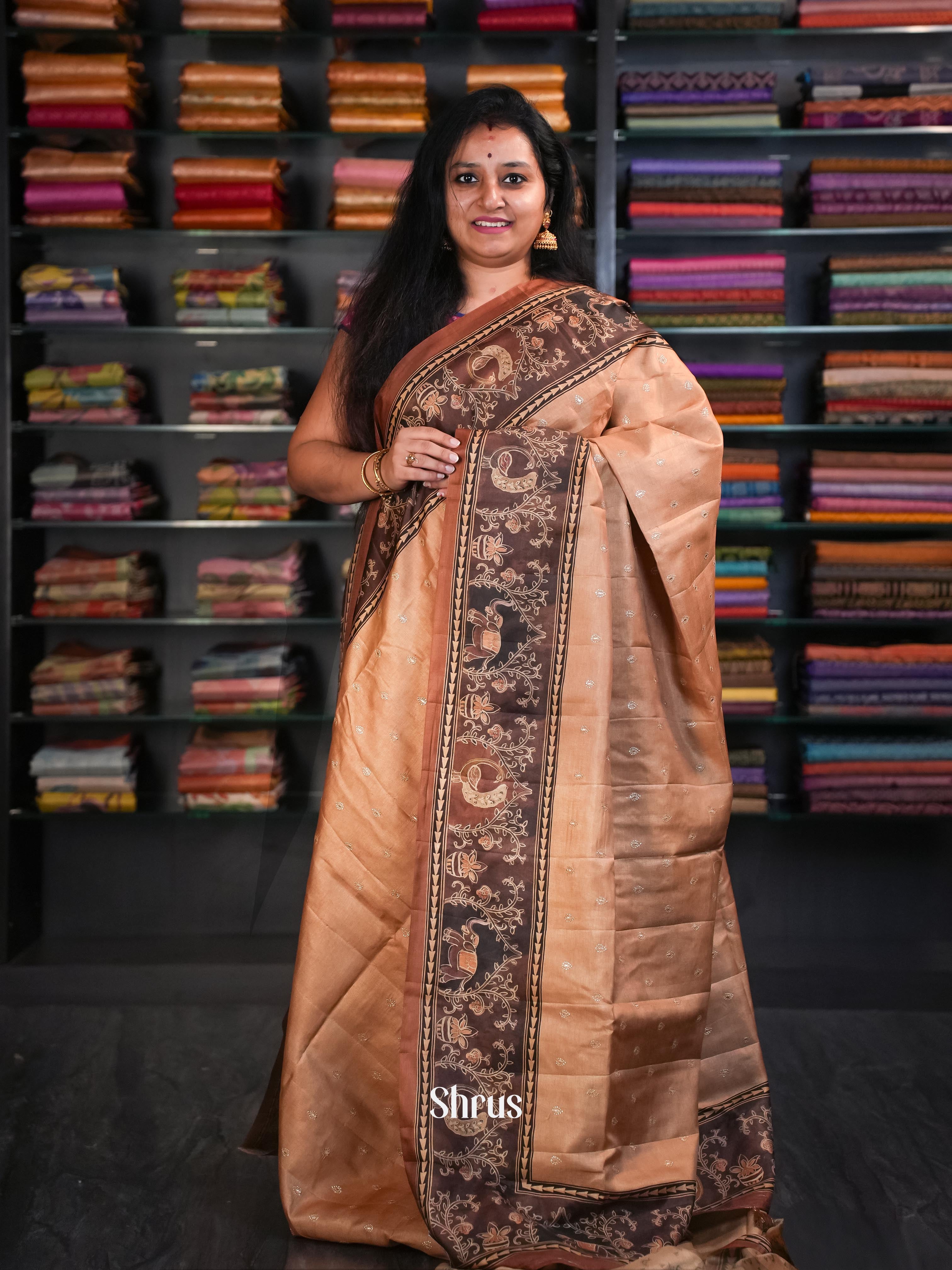 Wheat brown & Brown - Moonga Silk Saree - Shop on ShrusEternity.com