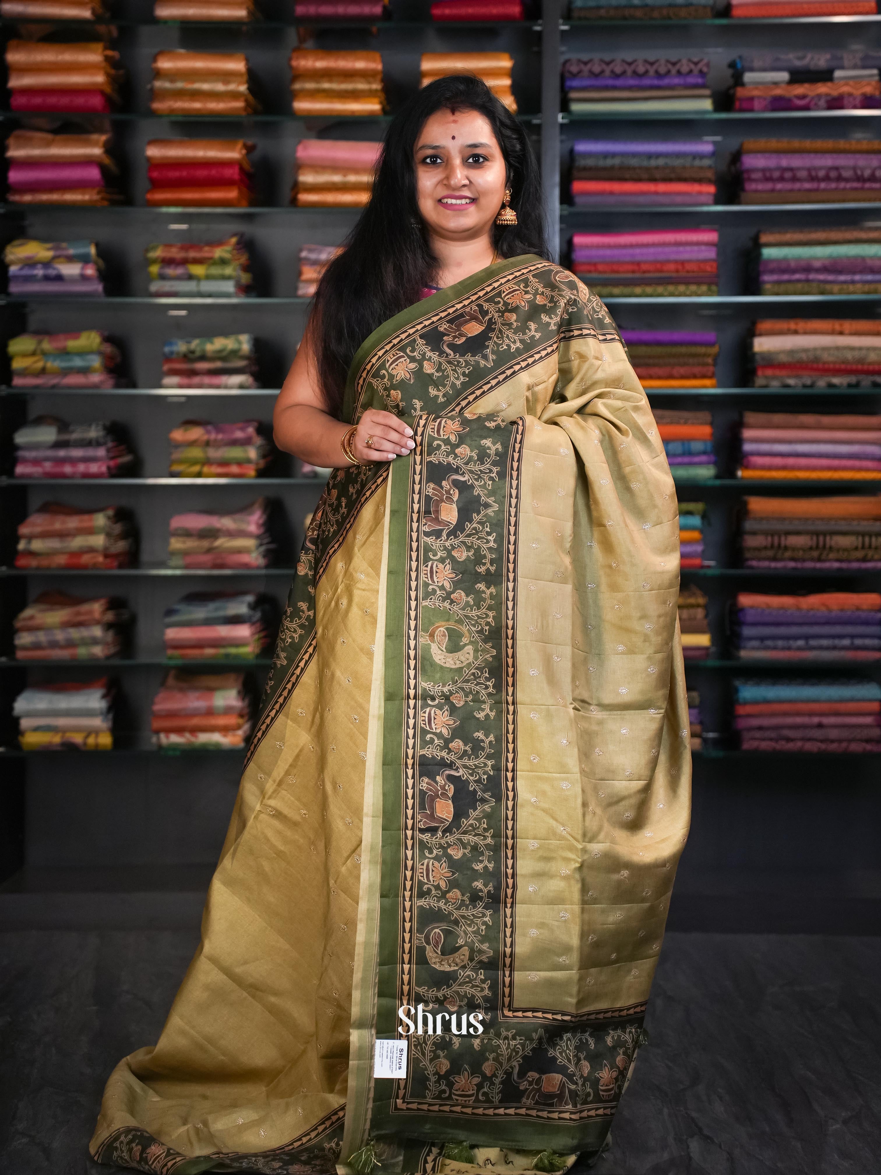 Olive Green & Green - Moonga Silk Saree - Shop on ShrusEternity.com