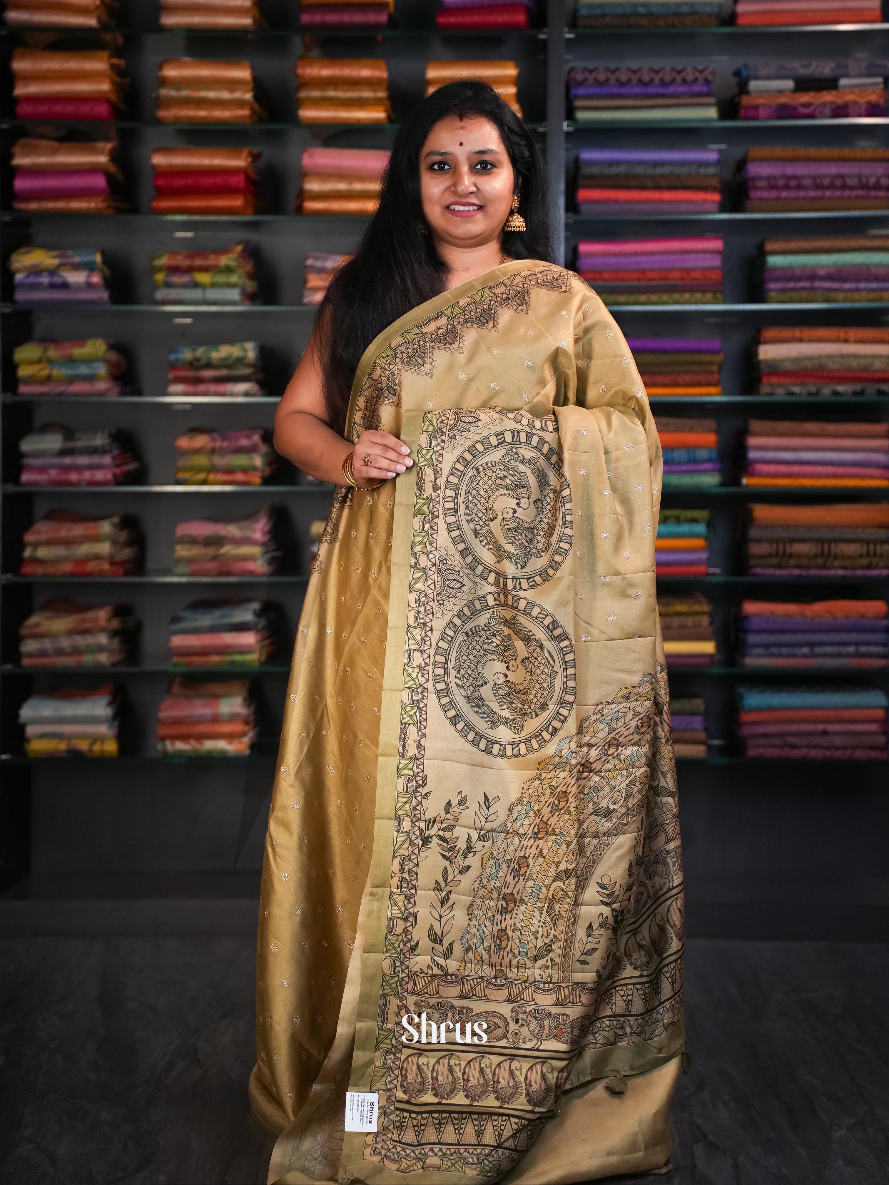 Cream & olive Green - Moonga Silk Saree - Shop on ShrusEternity.com