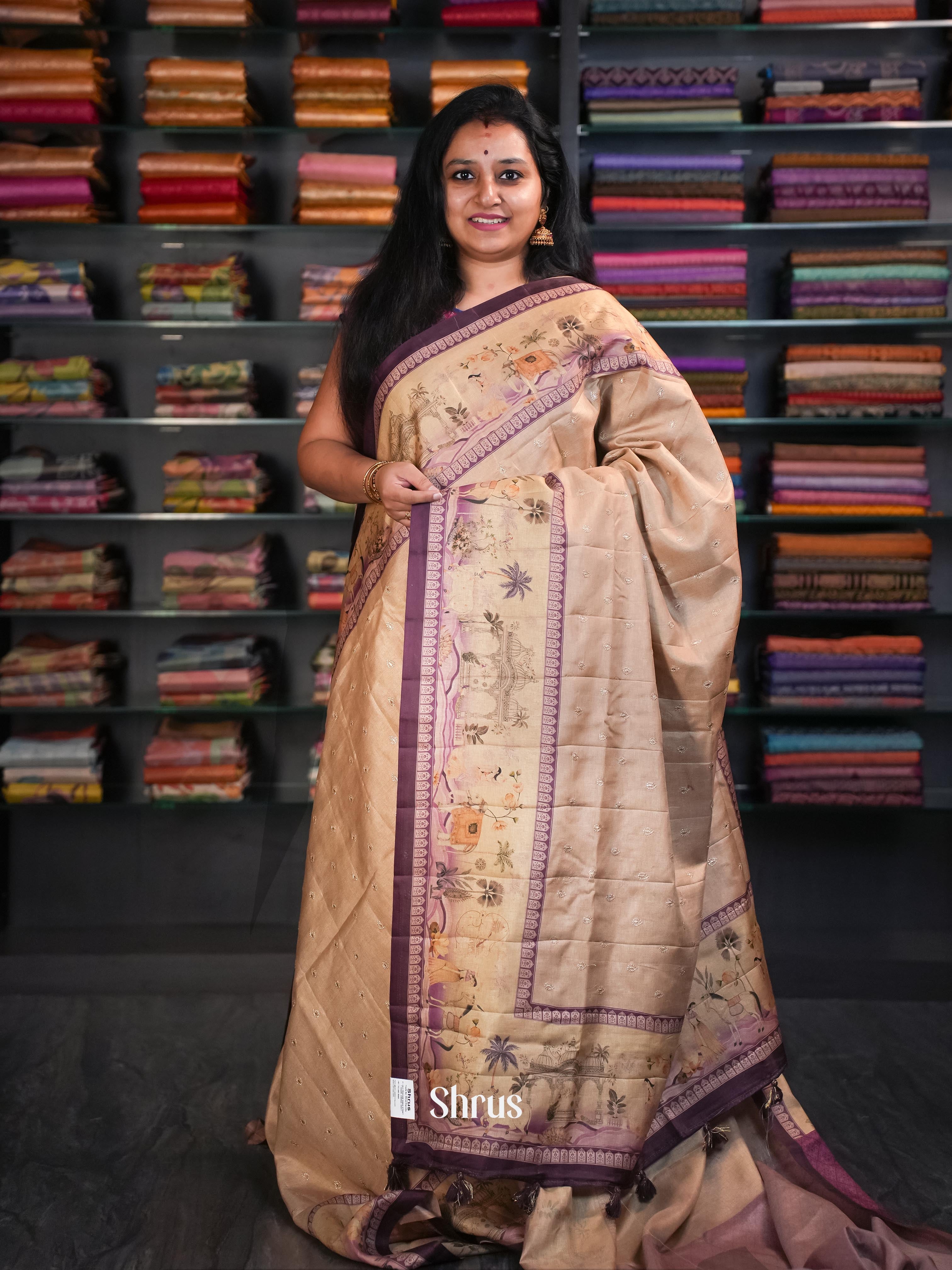 Yellow Olive Cream & Purple - Moonga Silk Saree - Shop on ShrusEternity.com