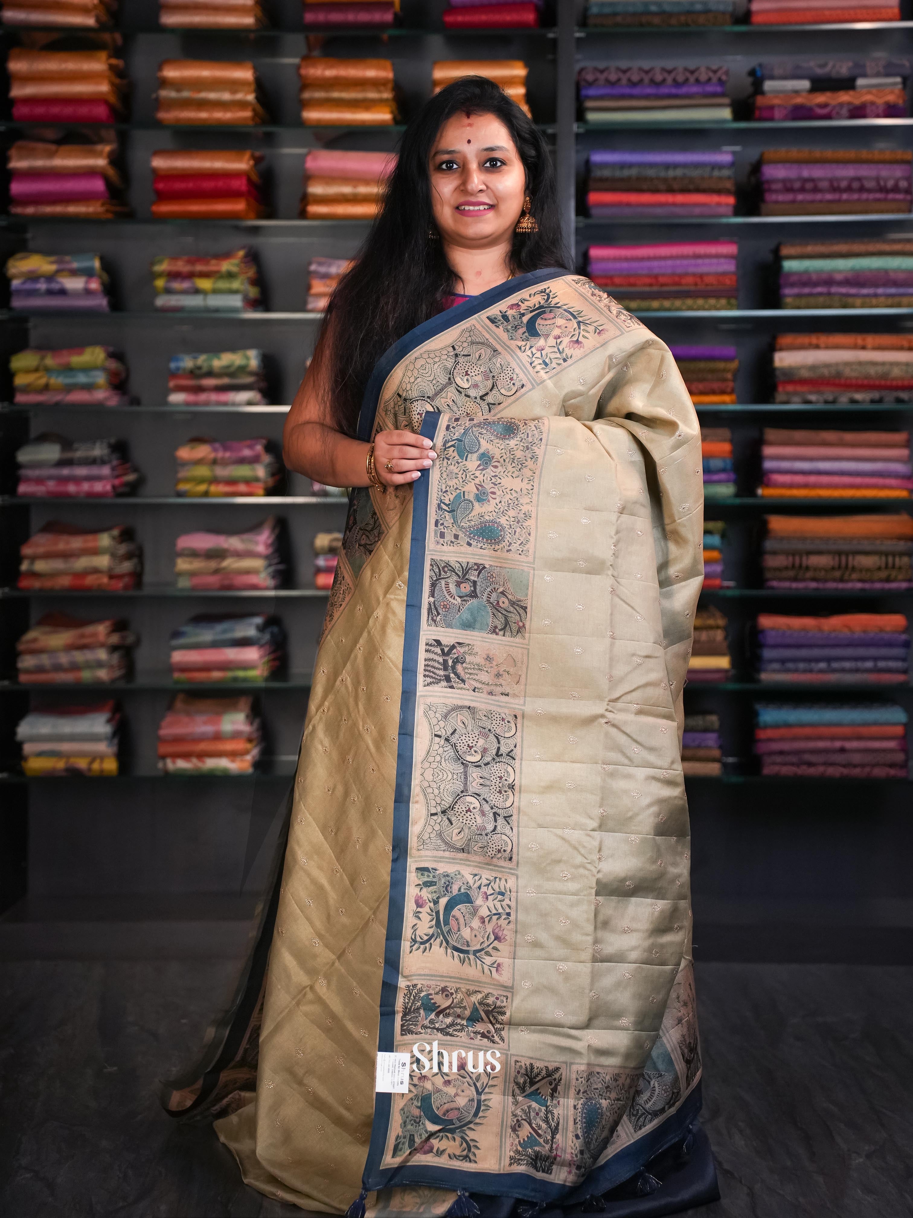 Yellow Olive Cream & Blue - Moonga Silk Saree - Shop on ShrusEternity.com
