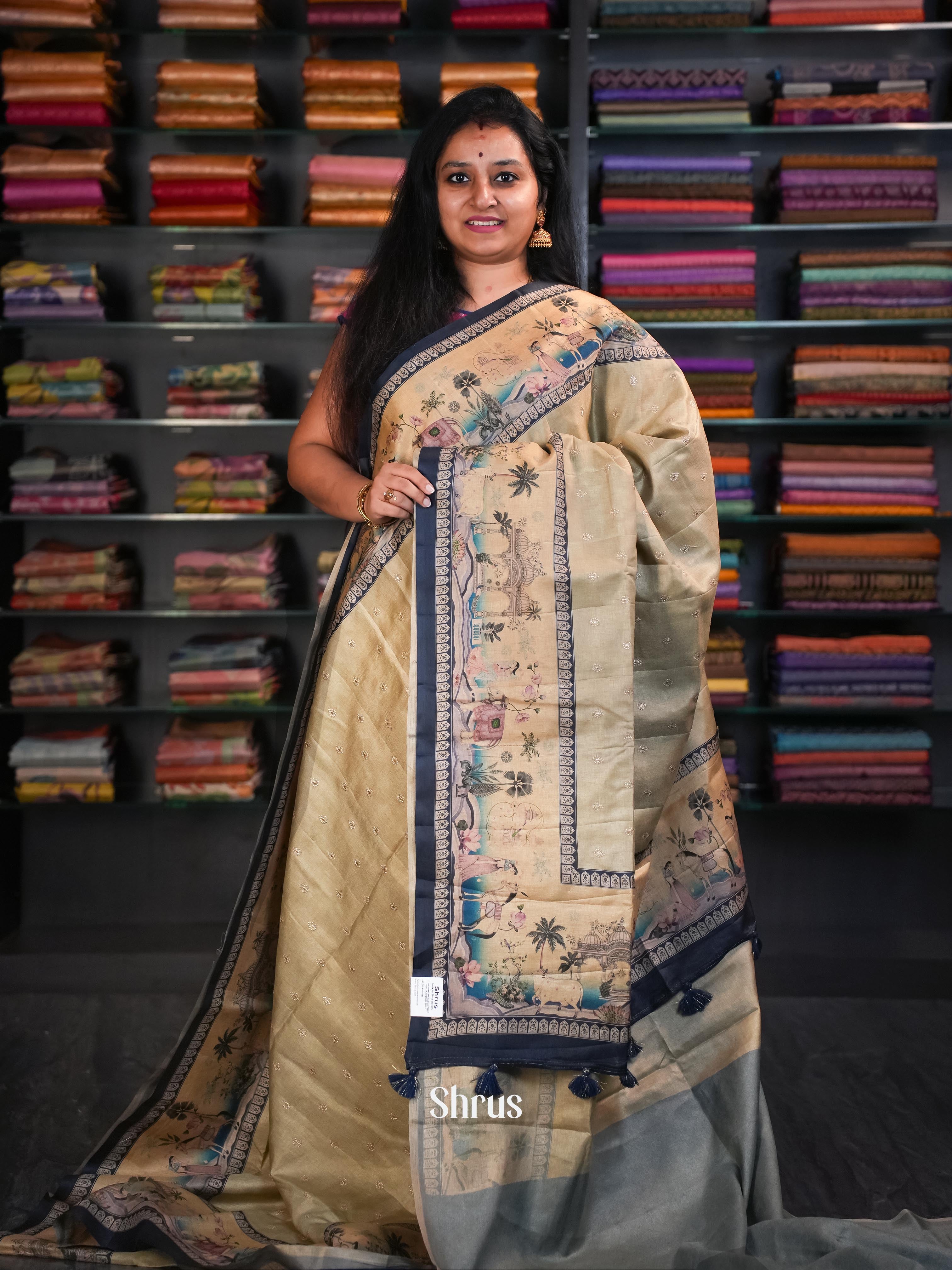 Dark Cream & Blue - Moonga Silk Saree - Shop on ShrusEternity.com