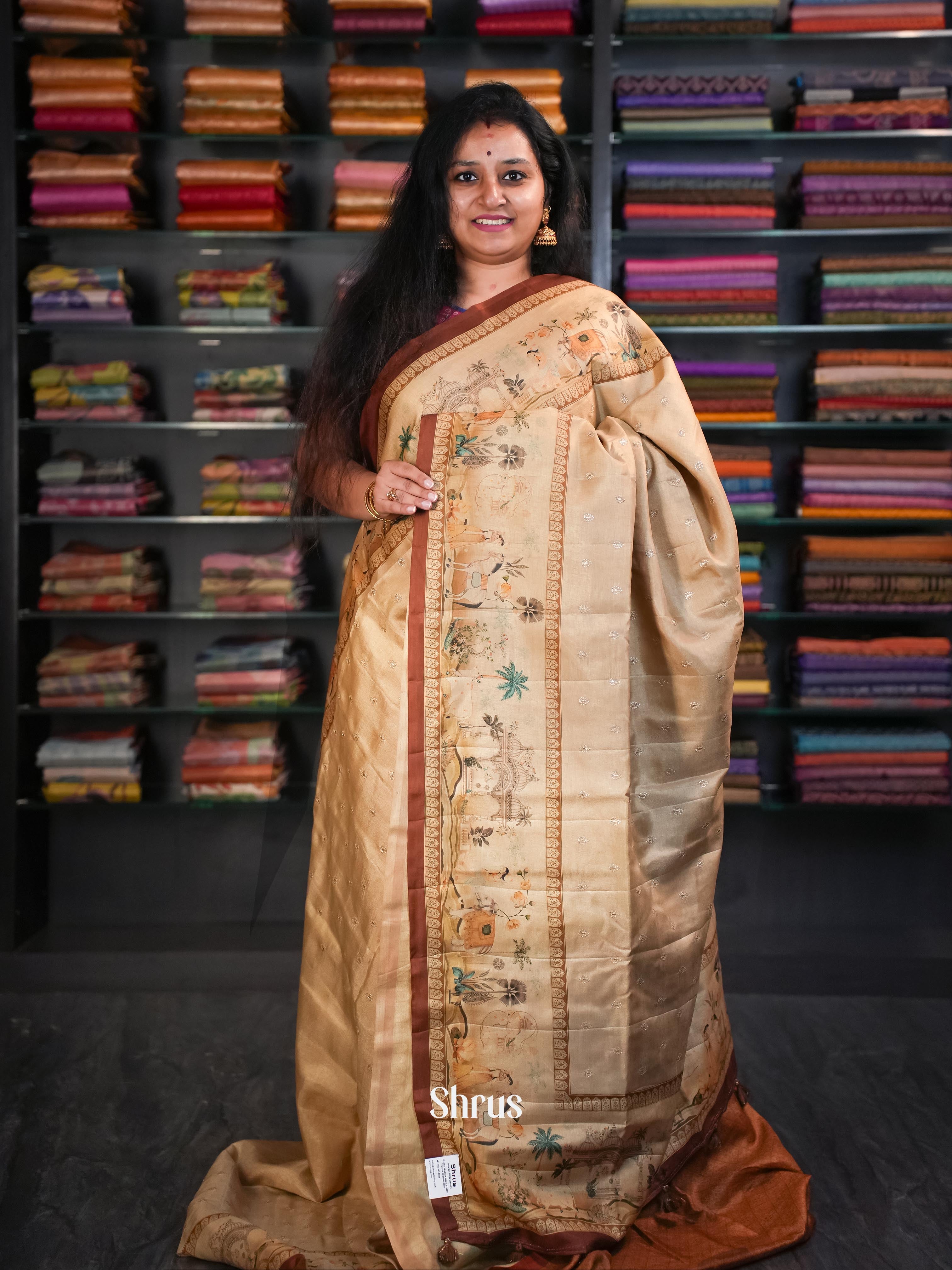 Cream & Brown - Moonga Silk Saree - Shop on ShrusEternity.com