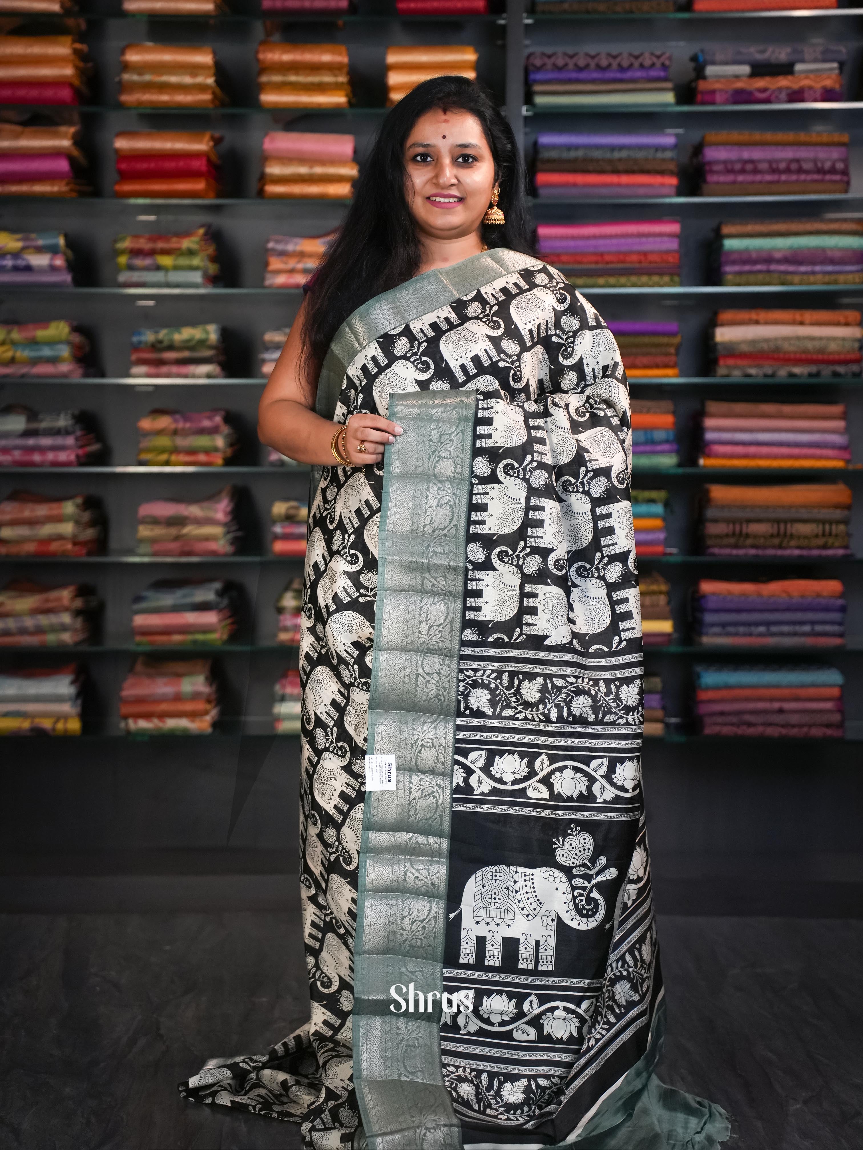 Black & Green - Elephant Print Semi Tussar Saree - Shop on ShrusEternity.com