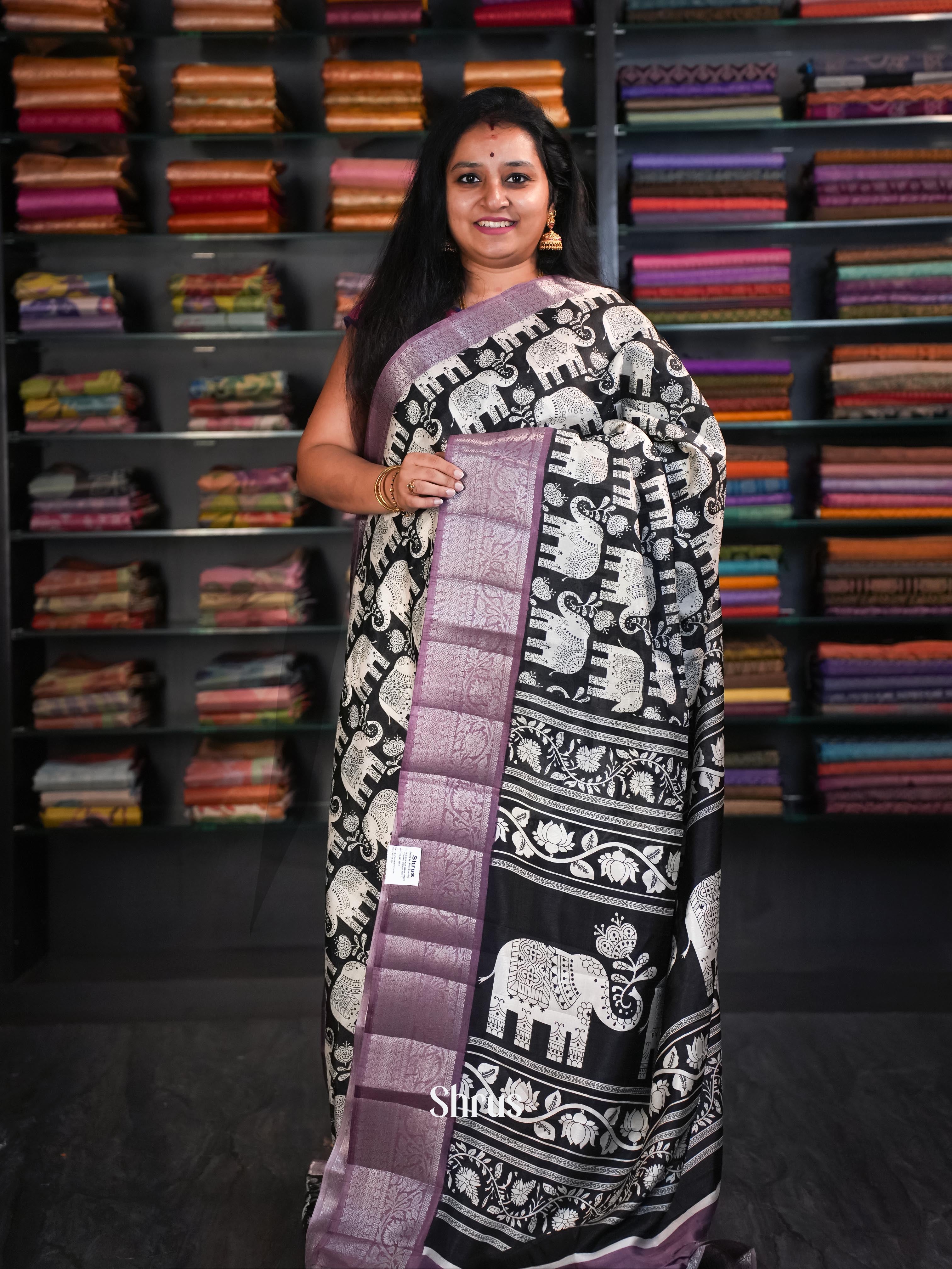 Black & Twilight Lavendar - Elephant Print Semi Tussar Saree - Shop on ShrusEternity.com