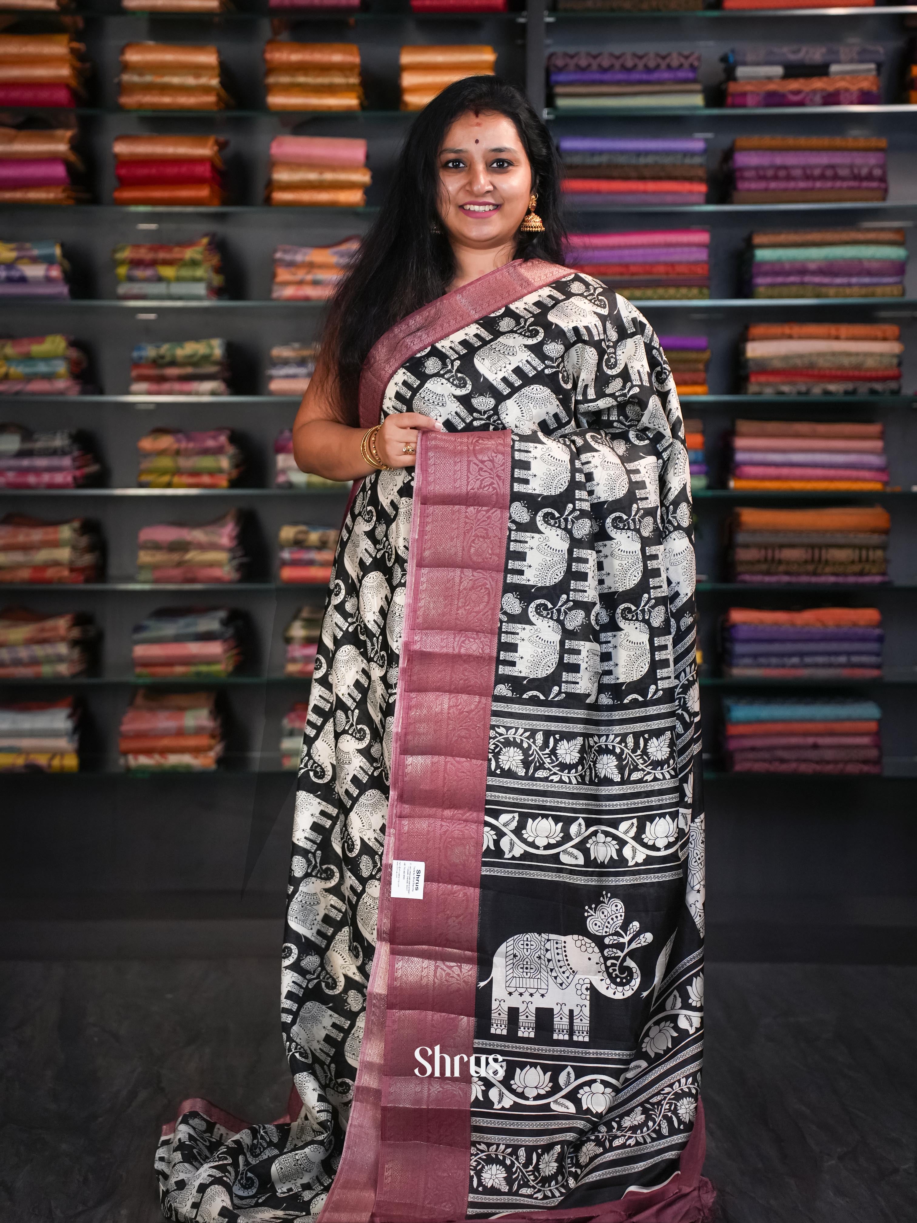 Black & Dull Pink - Elephant Print Semi Tussar Saree - Shop on ShrusEternity.com