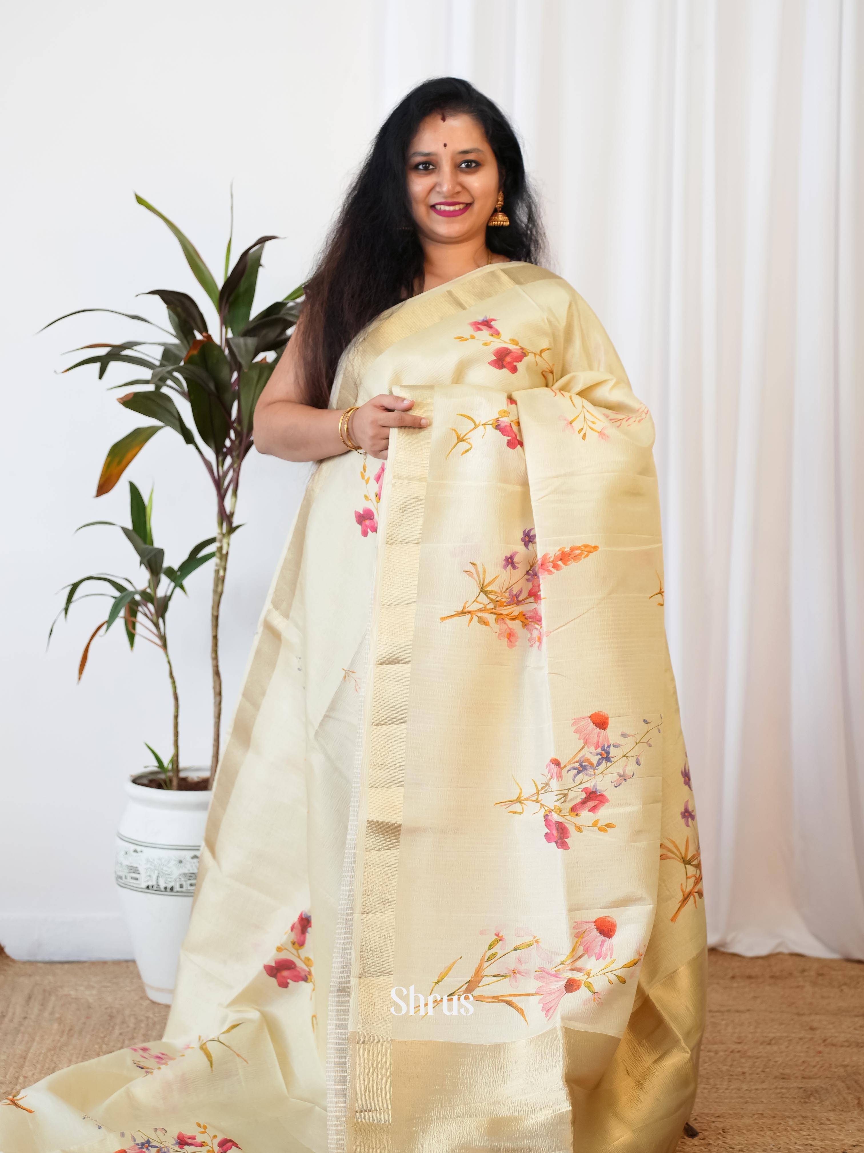 Cream- Bamboo Silk Saree - Shop on ShrusEternity.com