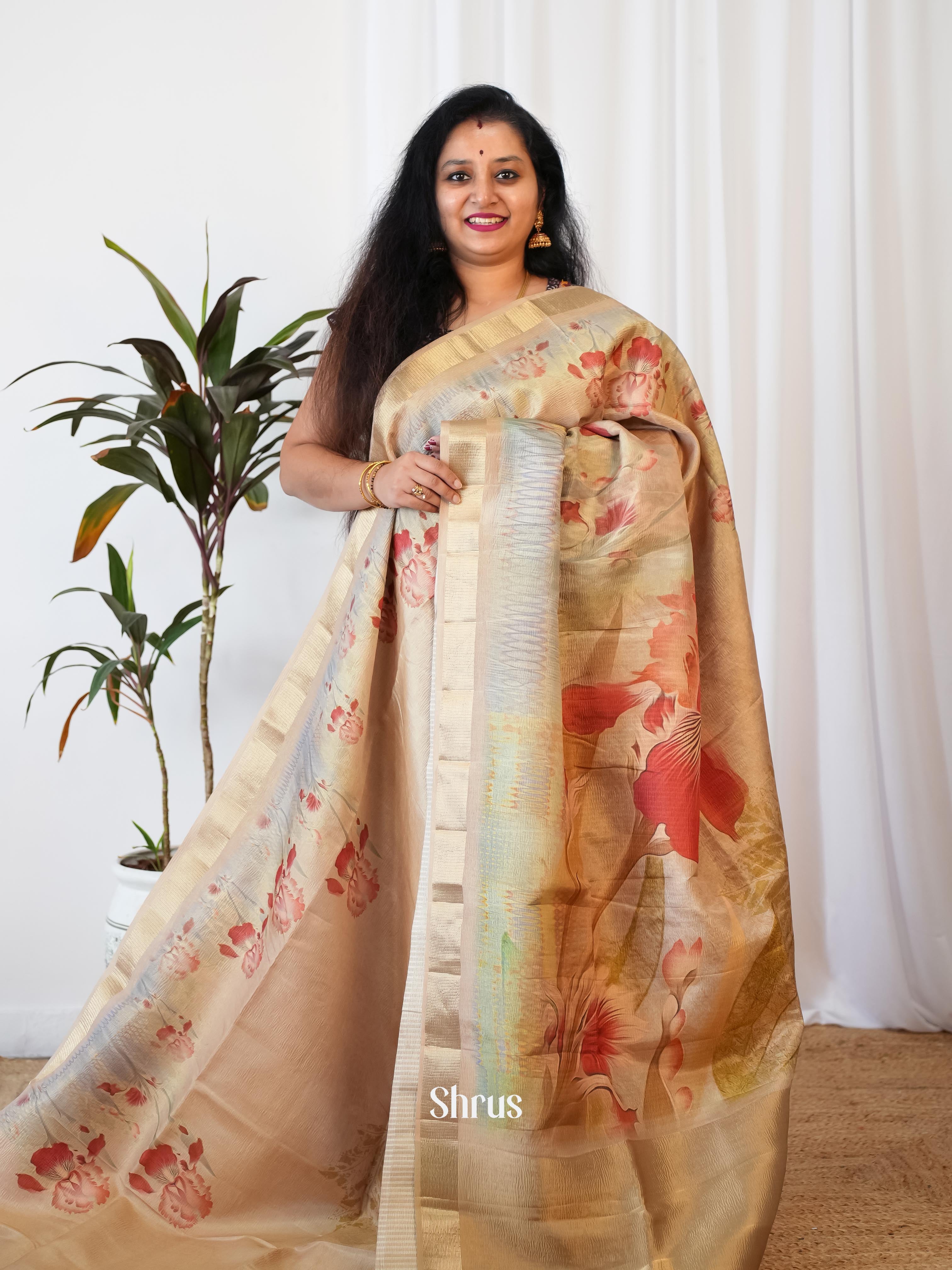Cream- Bamboo Silk Saree - Shop on ShrusEternity.com