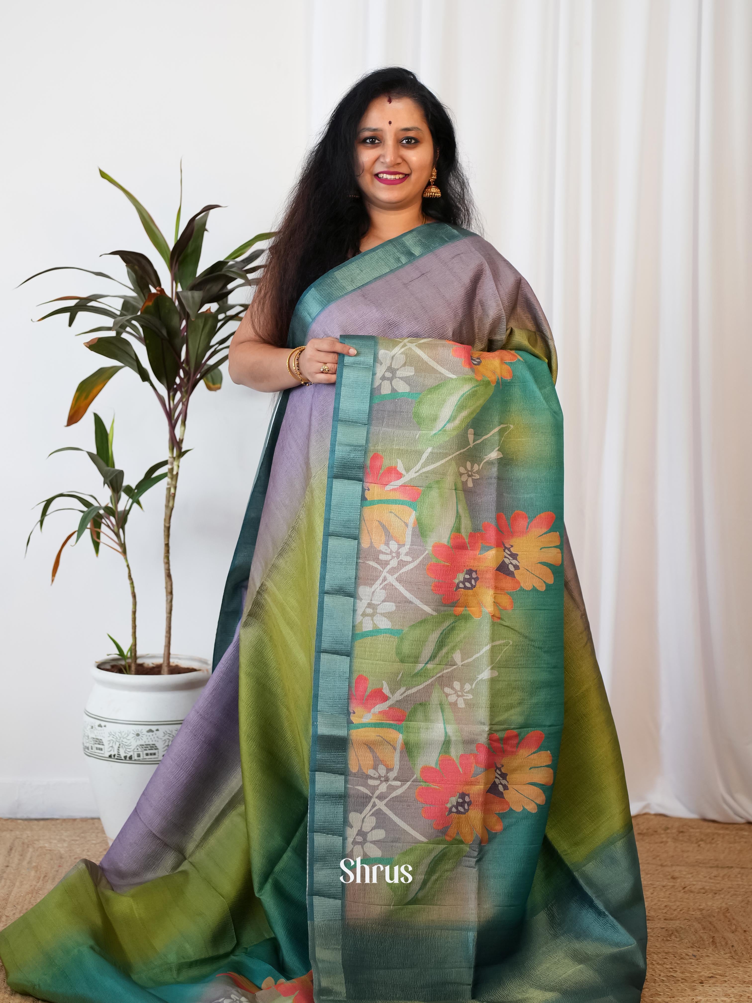 Purple & Green- Bamboo Silk Saree - Shop on ShrusEternity.com