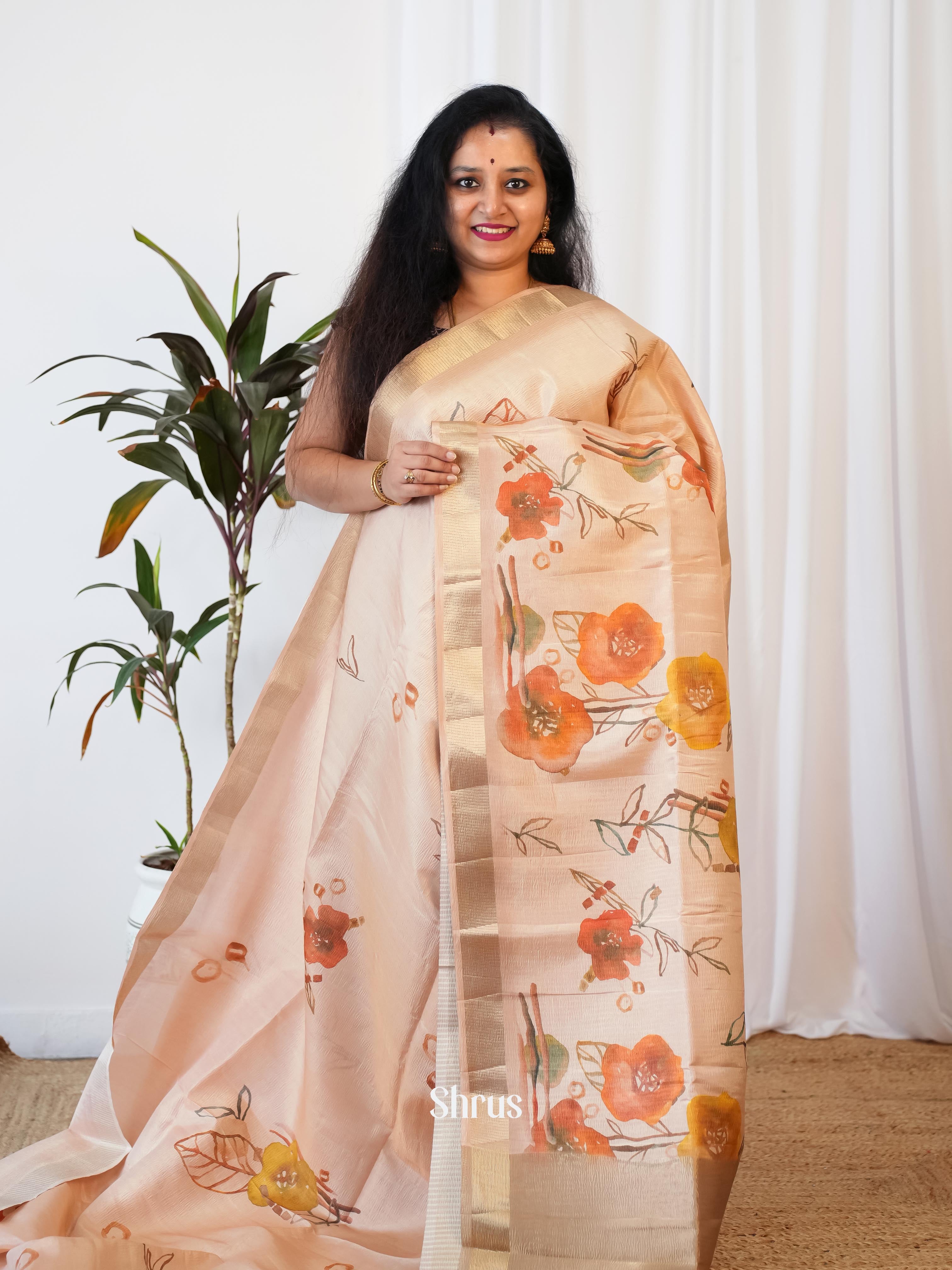 Cream- Bamboo Silk Saree - Shop on ShrusEternity.com