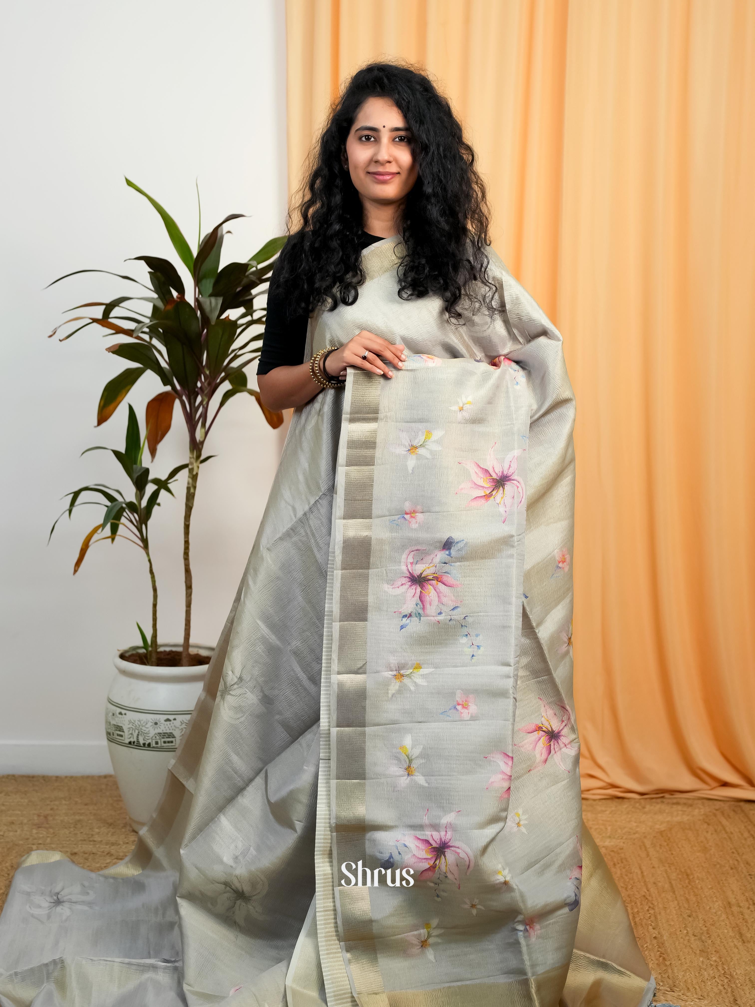 Grey - Bamboo silk Saree - Shop on ShrusEternity.com