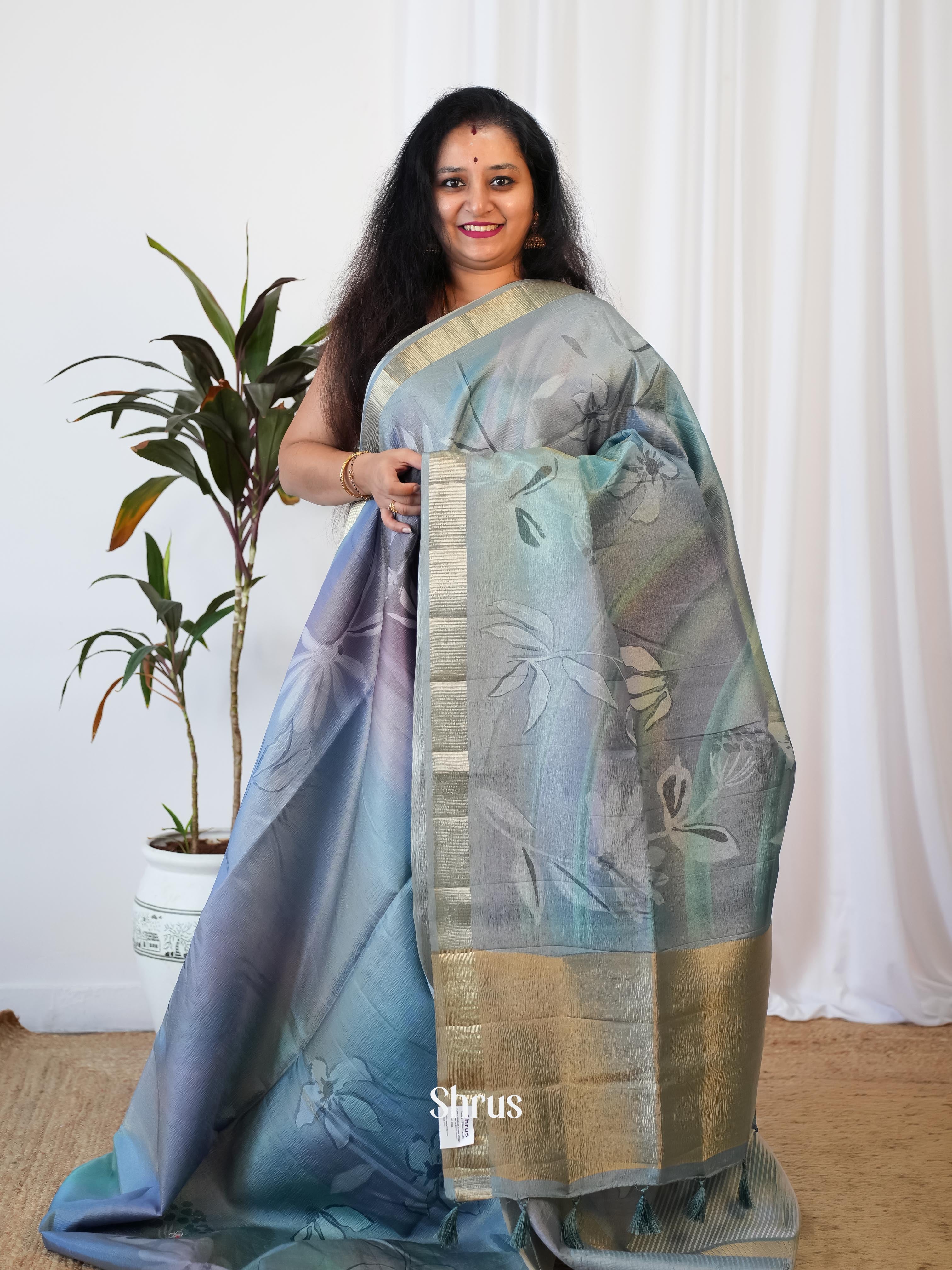Blue & Grey- Bamboo Silk Saree - Shop on ShrusEternity.com