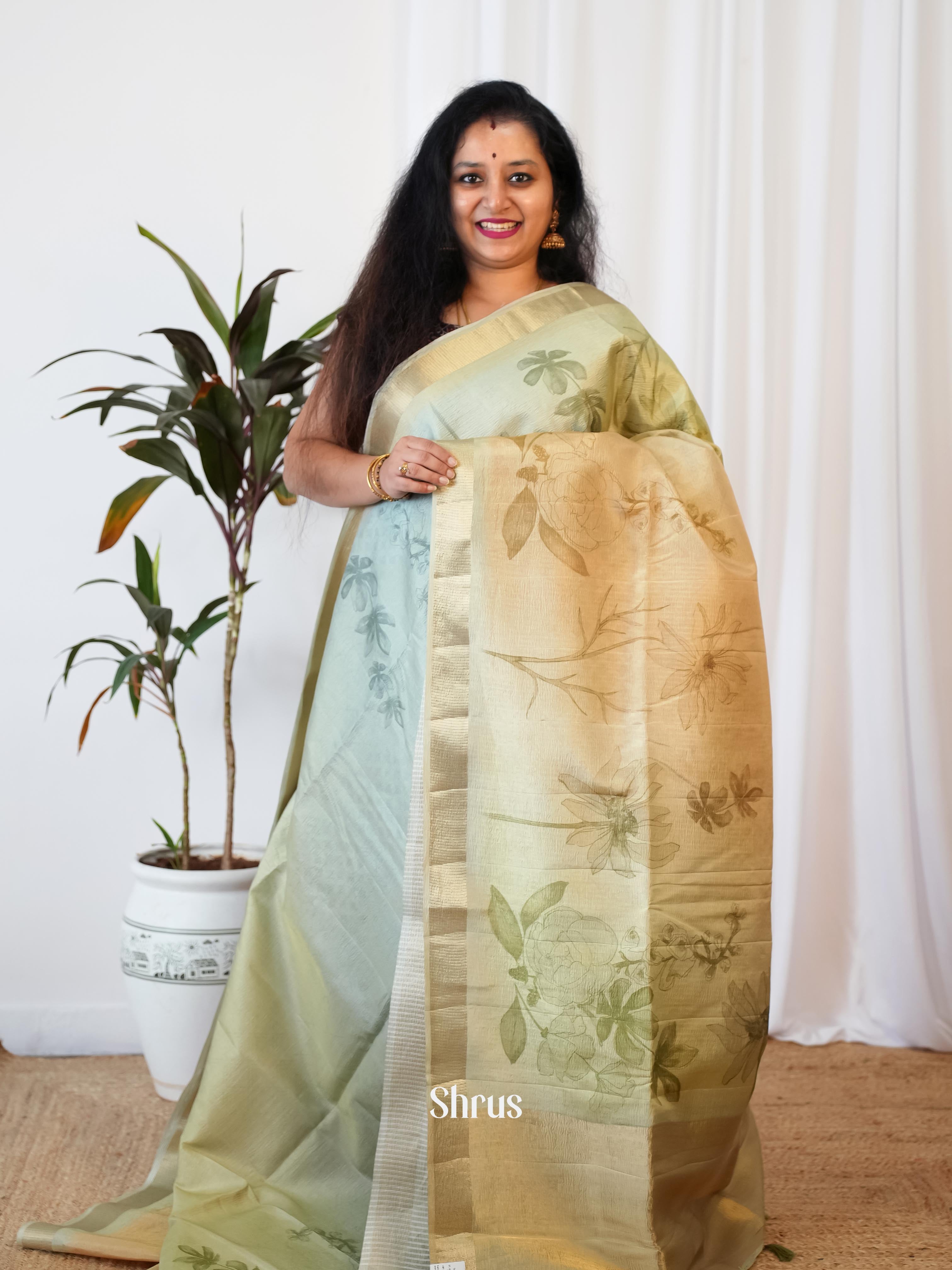 Green & Cream - Bamboo Silk Saree - Shop on ShrusEternity.com