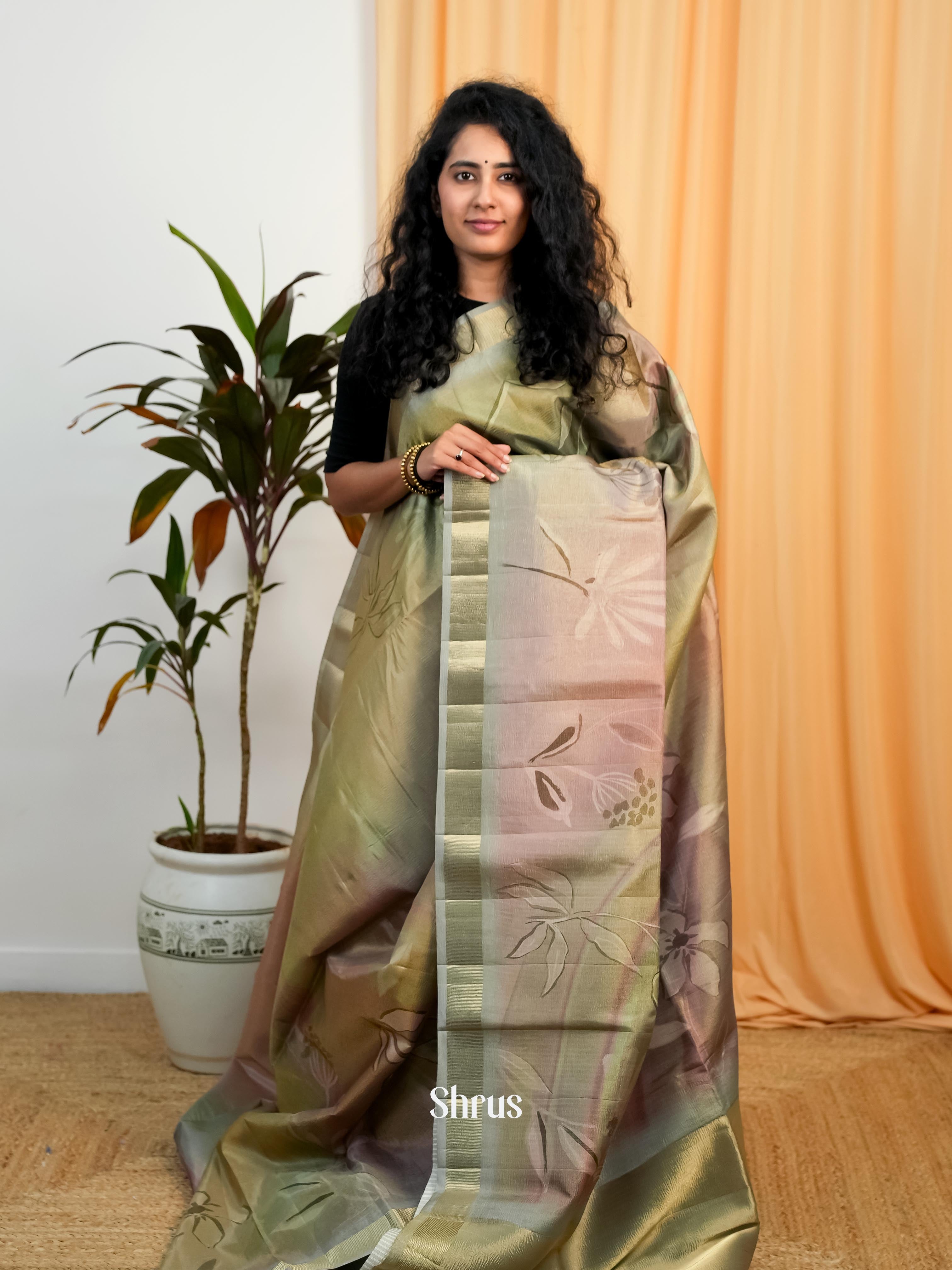 Green & Grey - Bamboo silk Saree - Shop on ShrusEternity.com