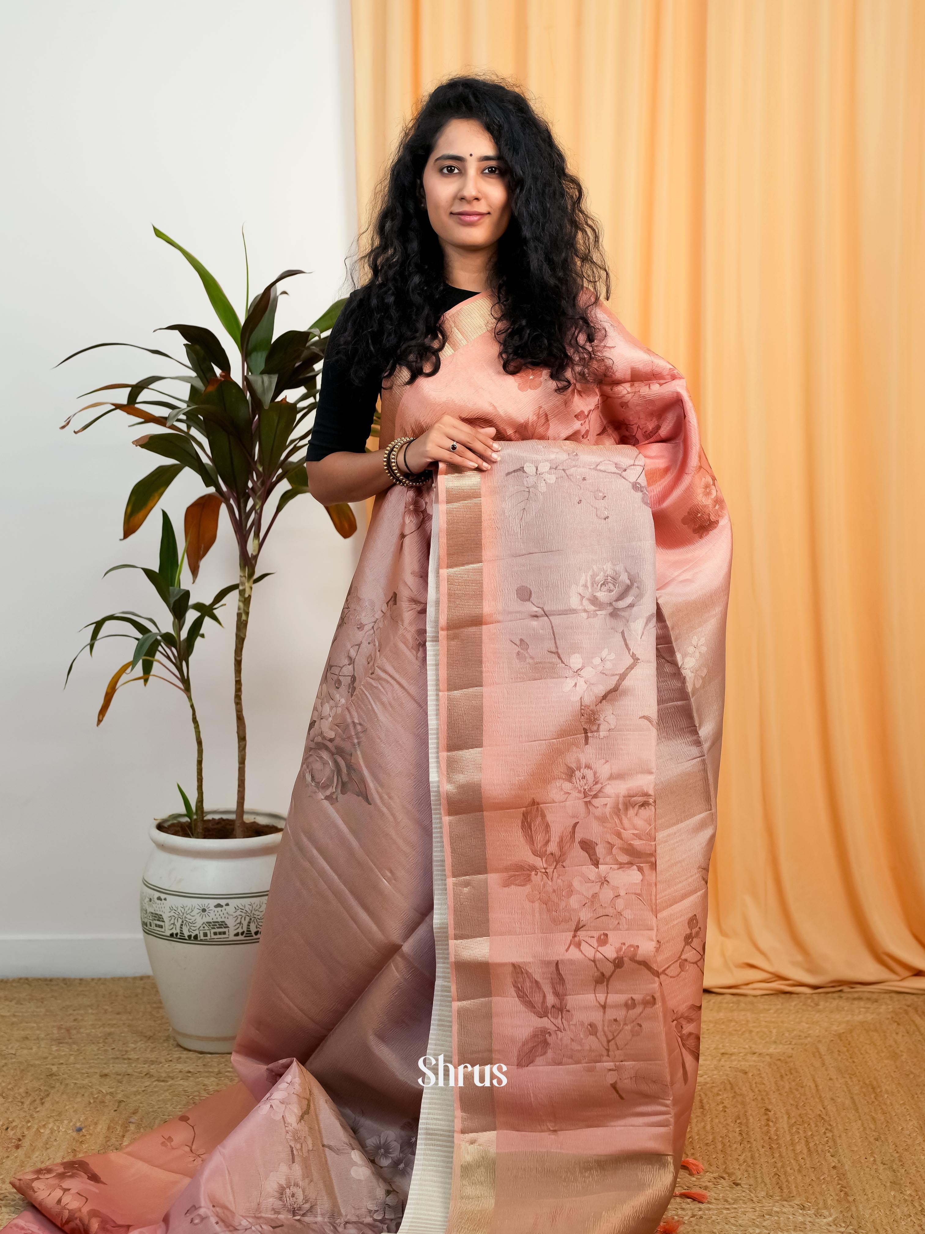 Pink & Grey- Bamboo silk Saree - Shop on ShrusEternity.com