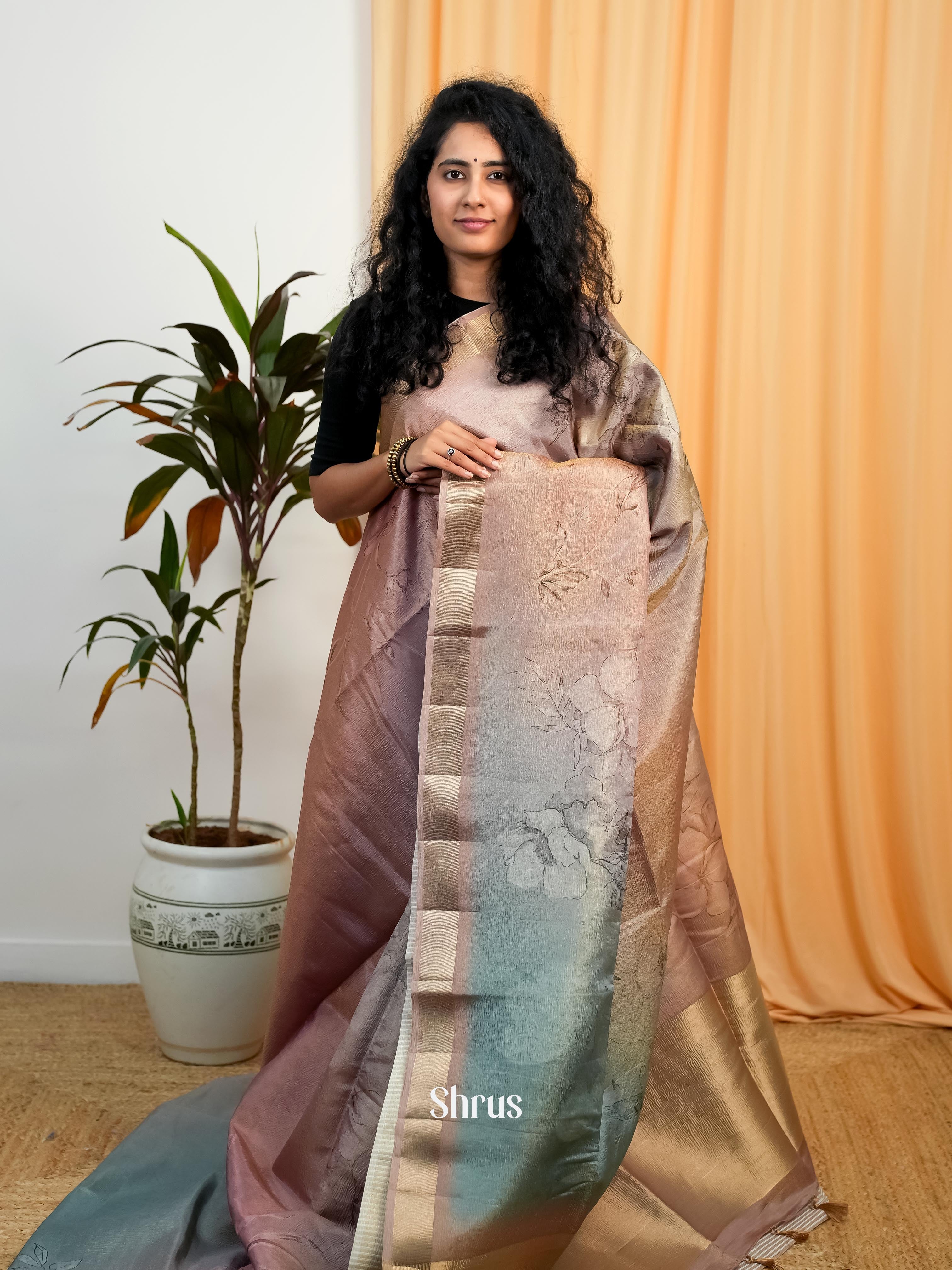 Brown & Grey - Bamboo silk Saree - Shop on ShrusEternity.com