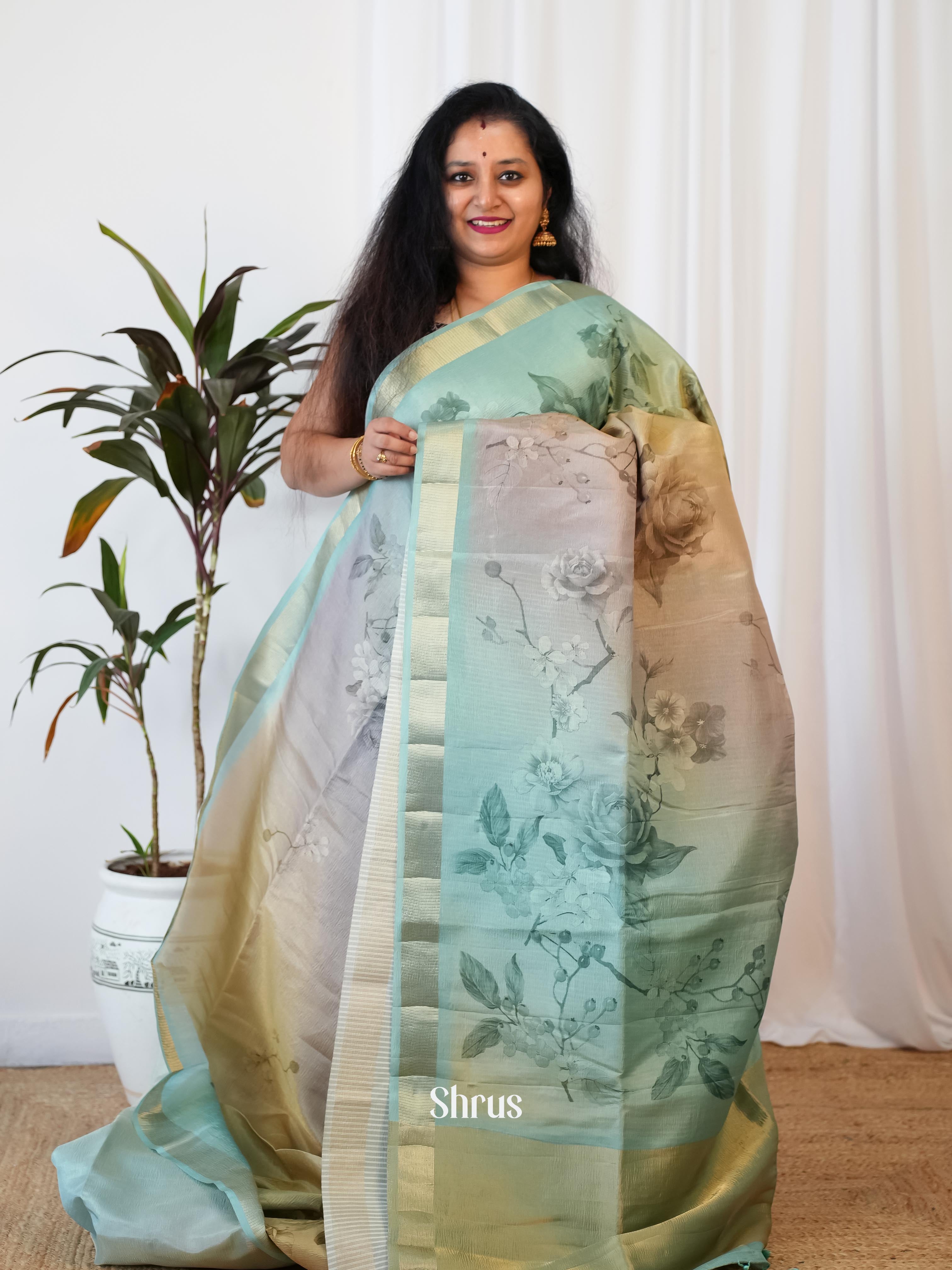 Teal- Bamboo Silk Saree - Shop on ShrusEternity.com
