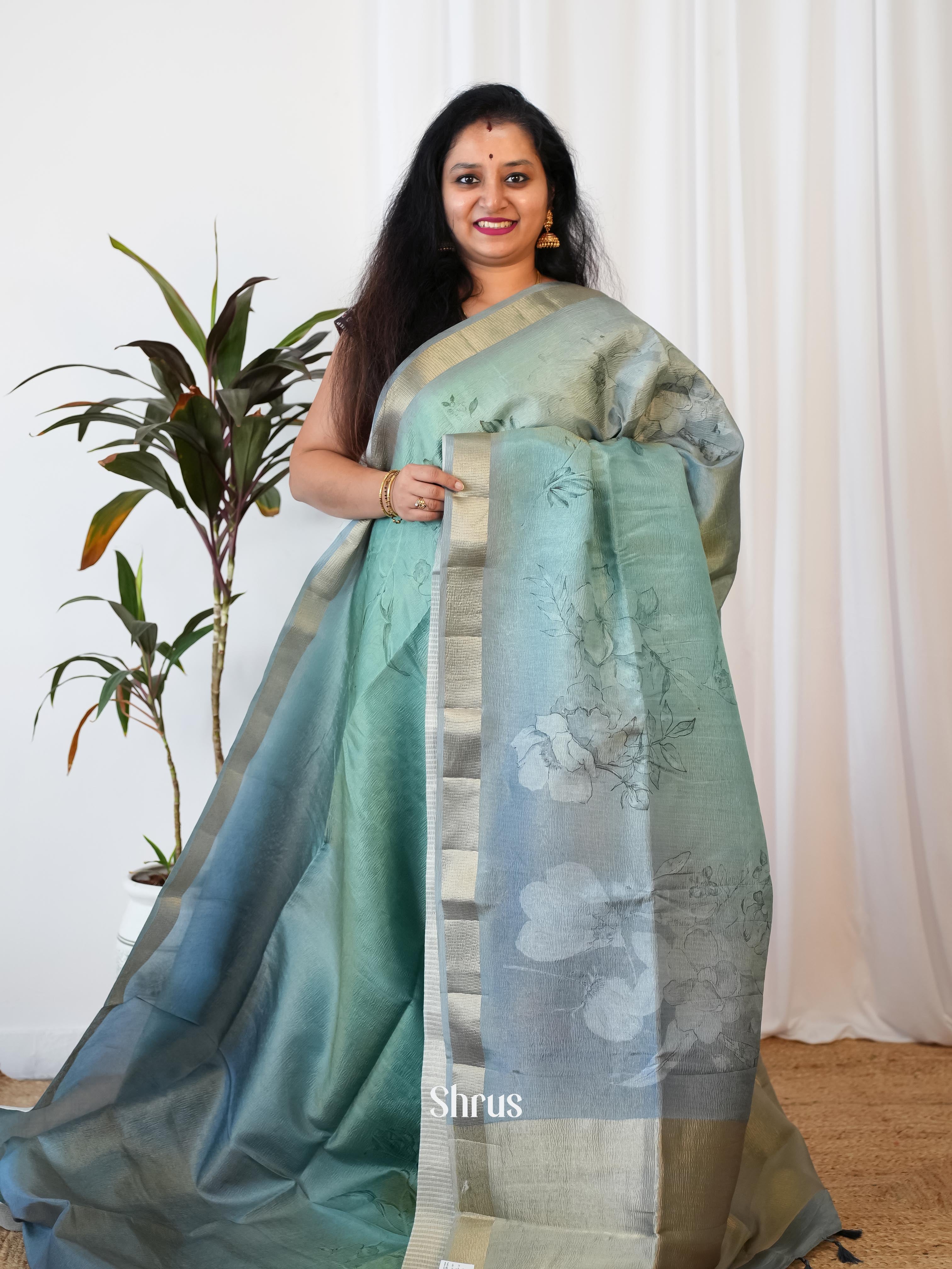 Green & Grey - Bamboo Silk Saree - Shop on ShrusEternity.com
