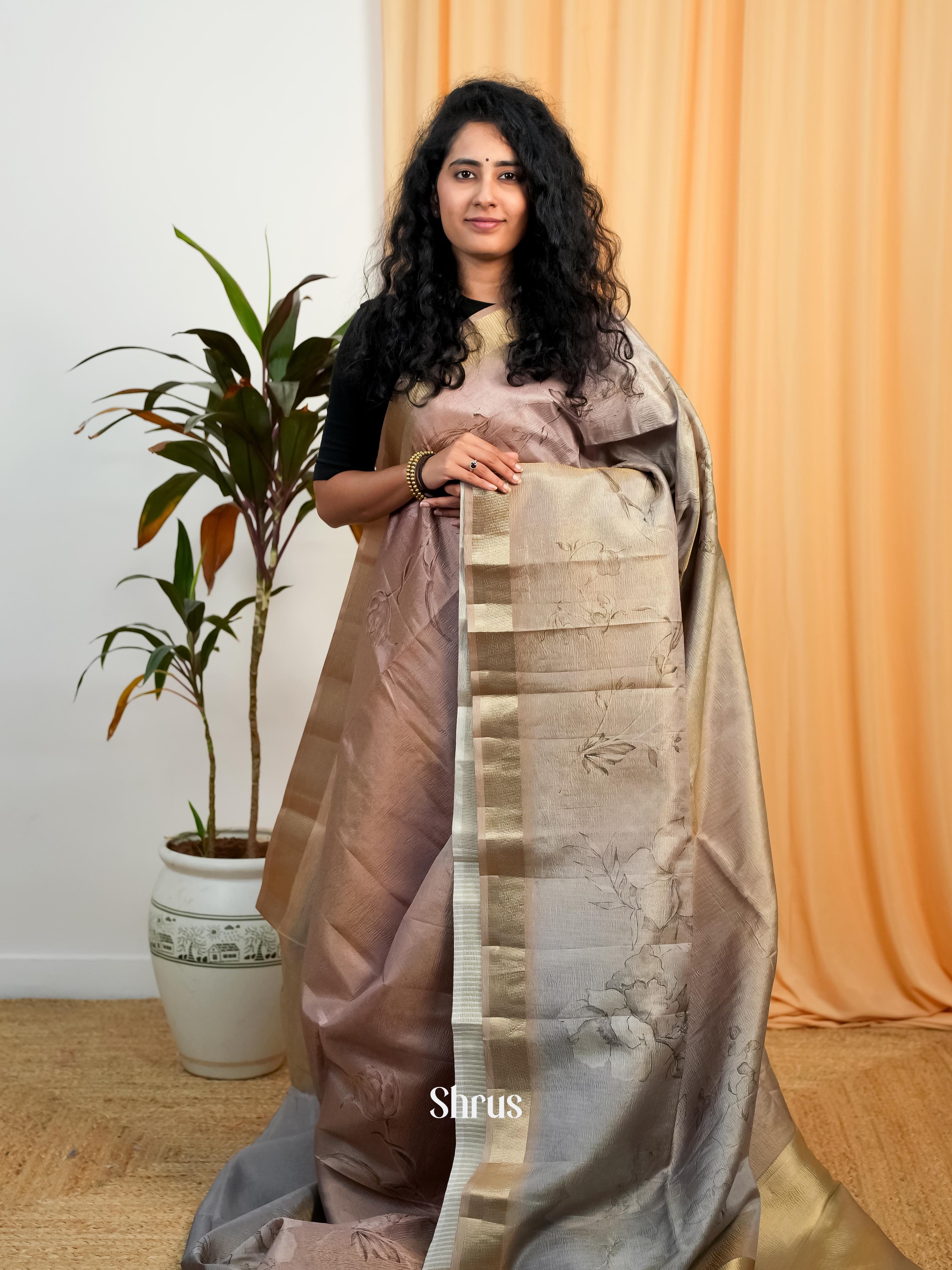 Dusty Brown & Grey - Bamboo silk Saree - Shop on ShrusEternity.com