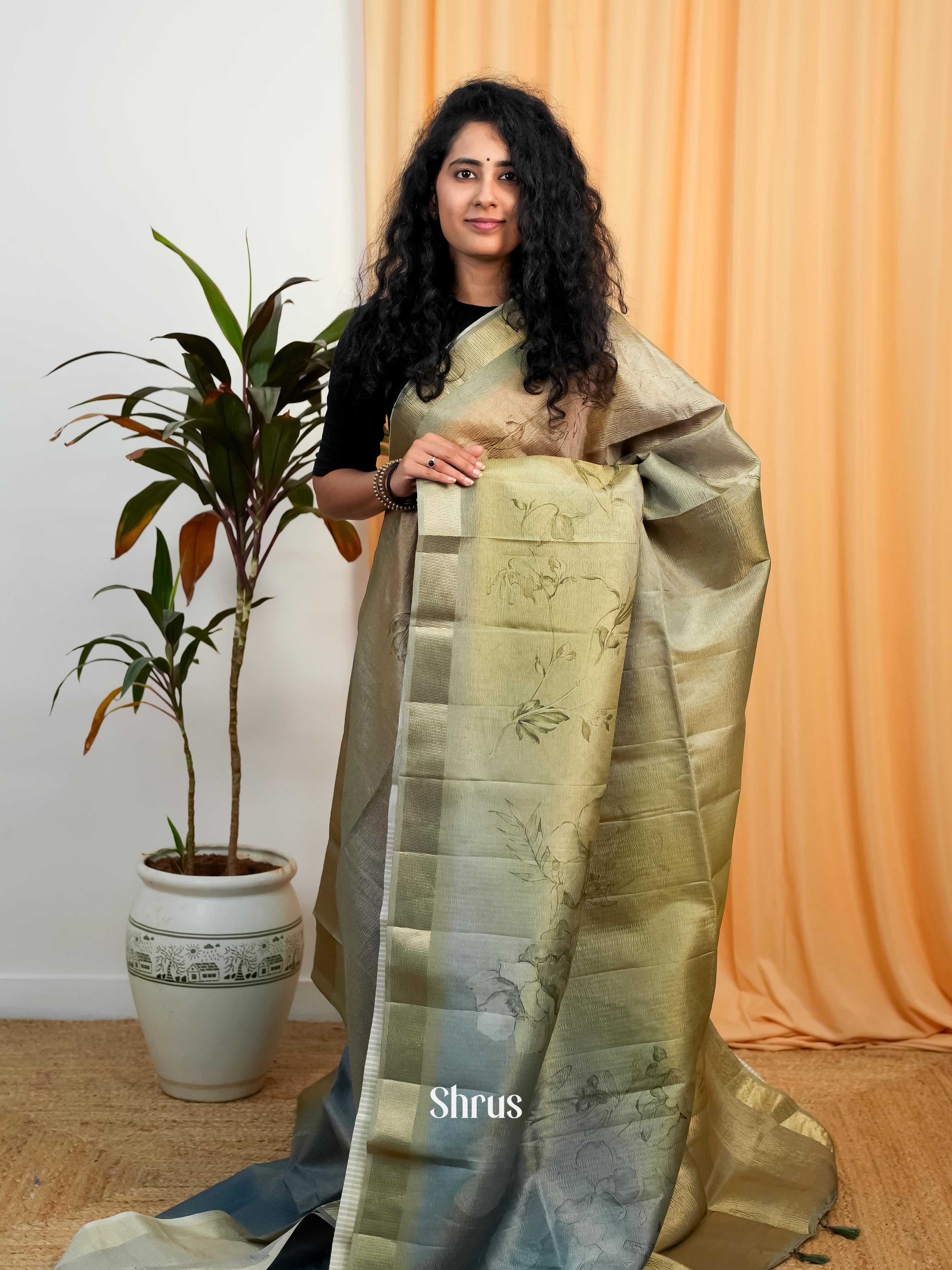 Glittering Green & Grey - Bamboo silk Saree - Shop on ShrusEternity.com