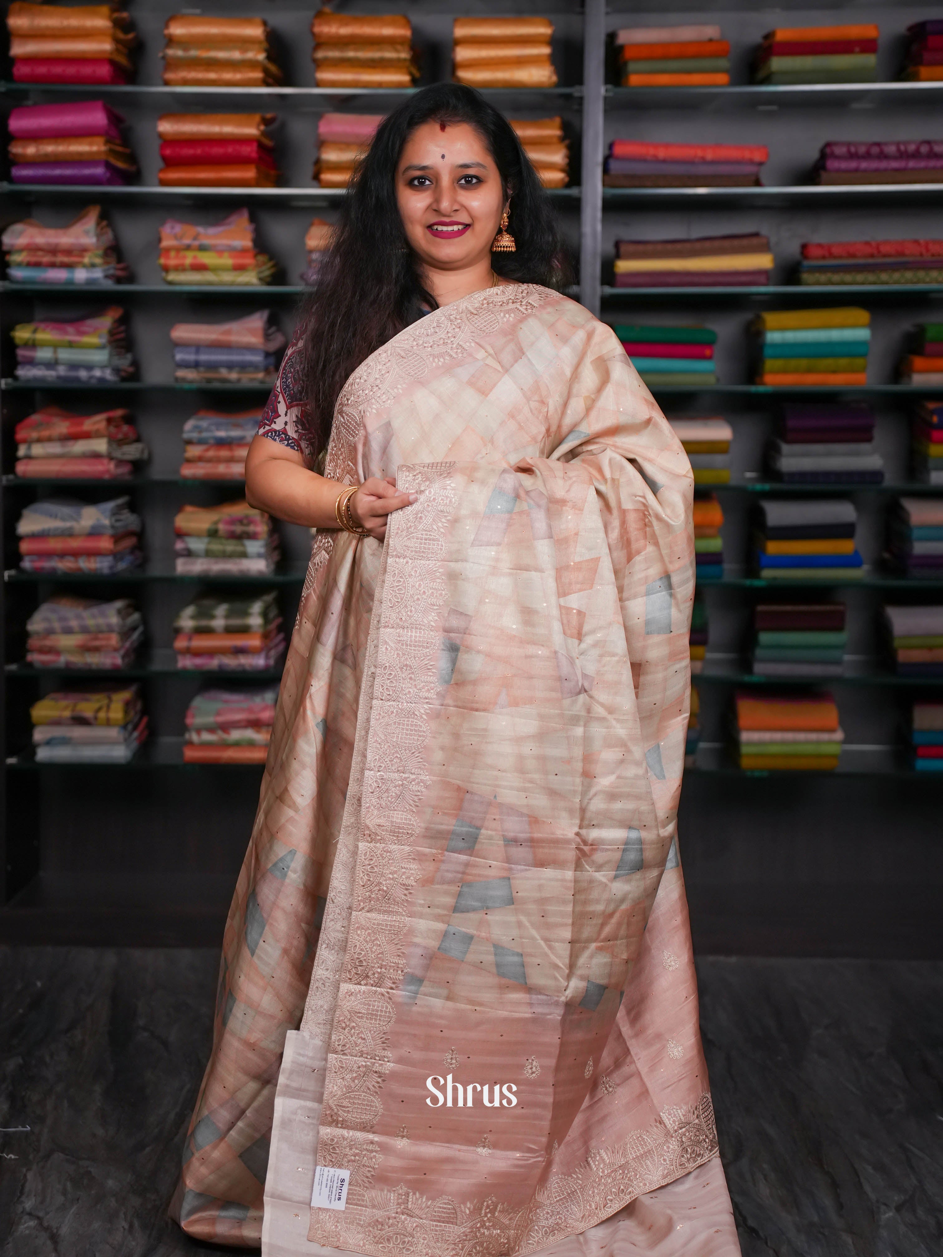 Cream & Peachy Orange - Moonga Silk Saree - Shop on ShrusEternity.com