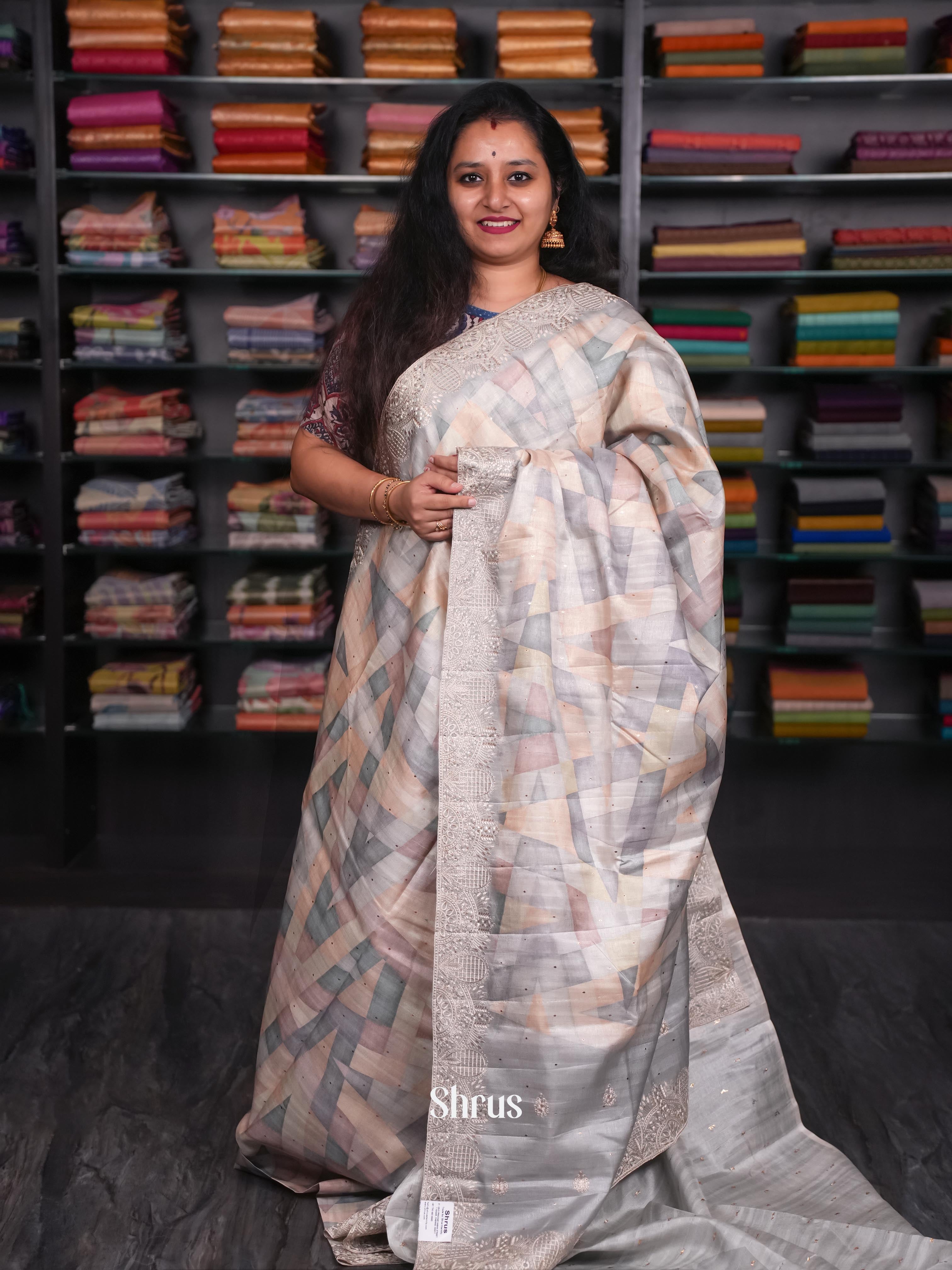 Peach & Grey - Moonga Silk Saree - Shop on ShrusEternity.com