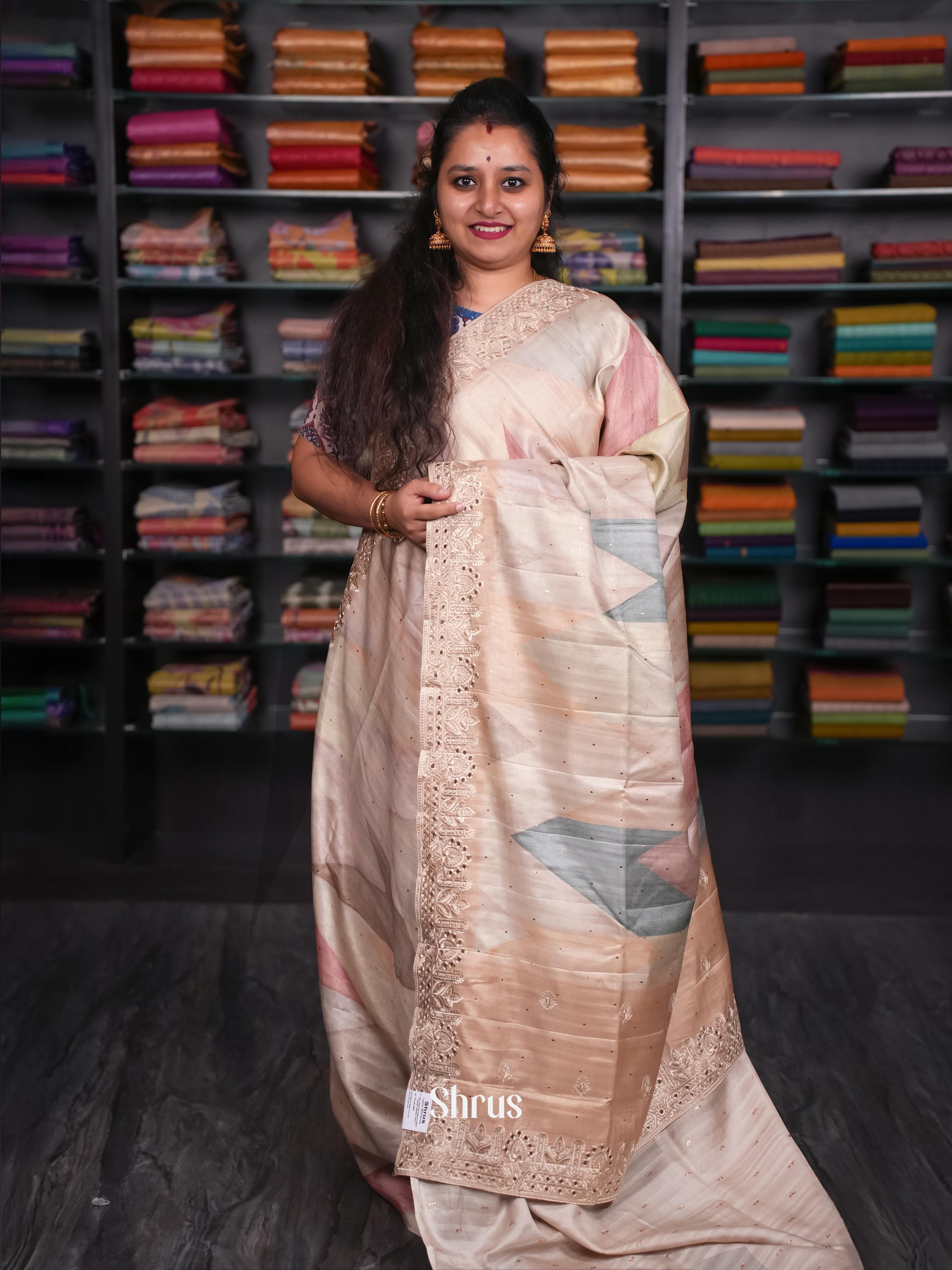 Peach & Grey - Moonga Silk Saree - Shop on ShrusEternity.com