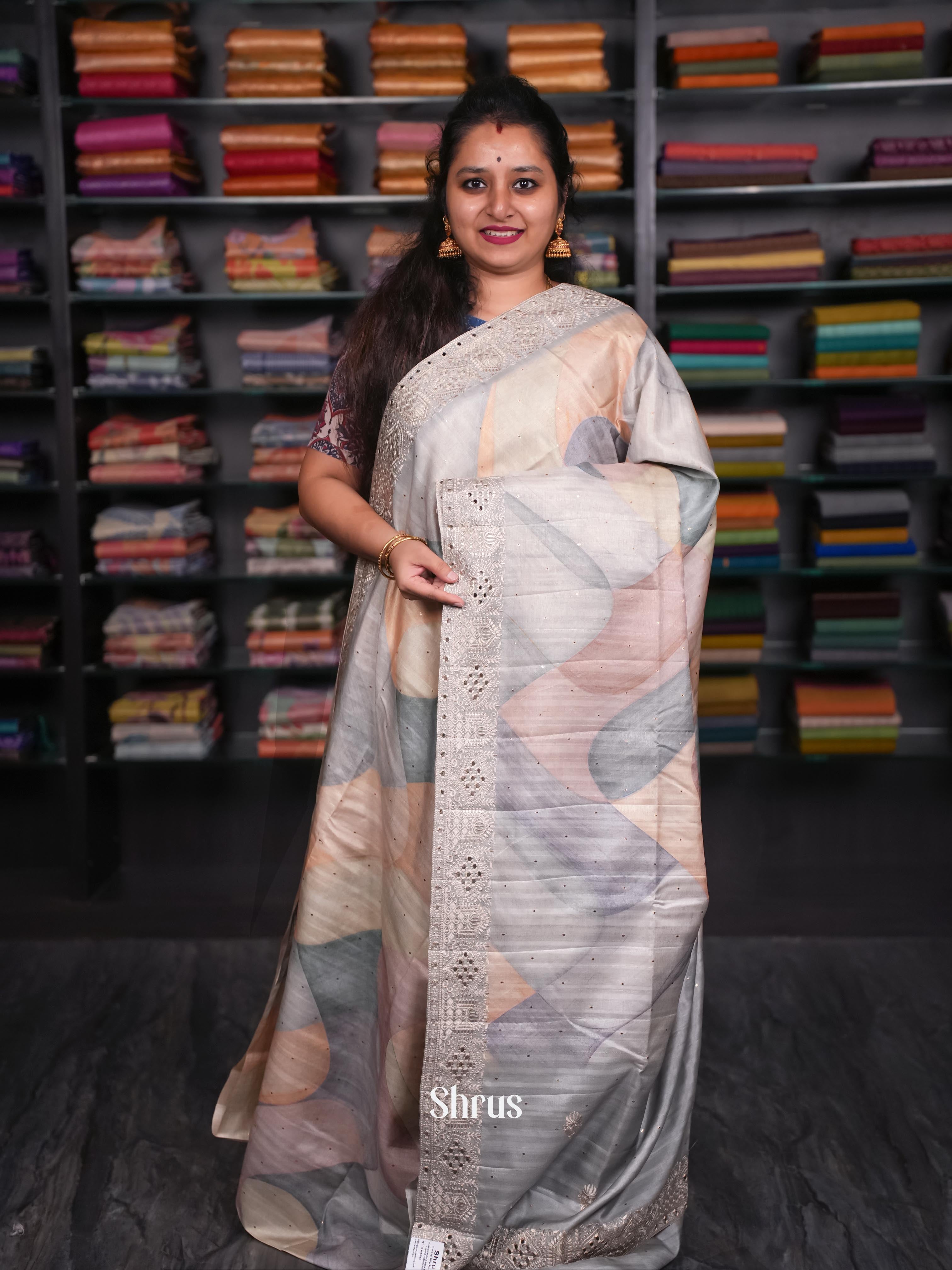 Peach & Grey - Moonga Silk Saree - Shop on ShrusEternity.com