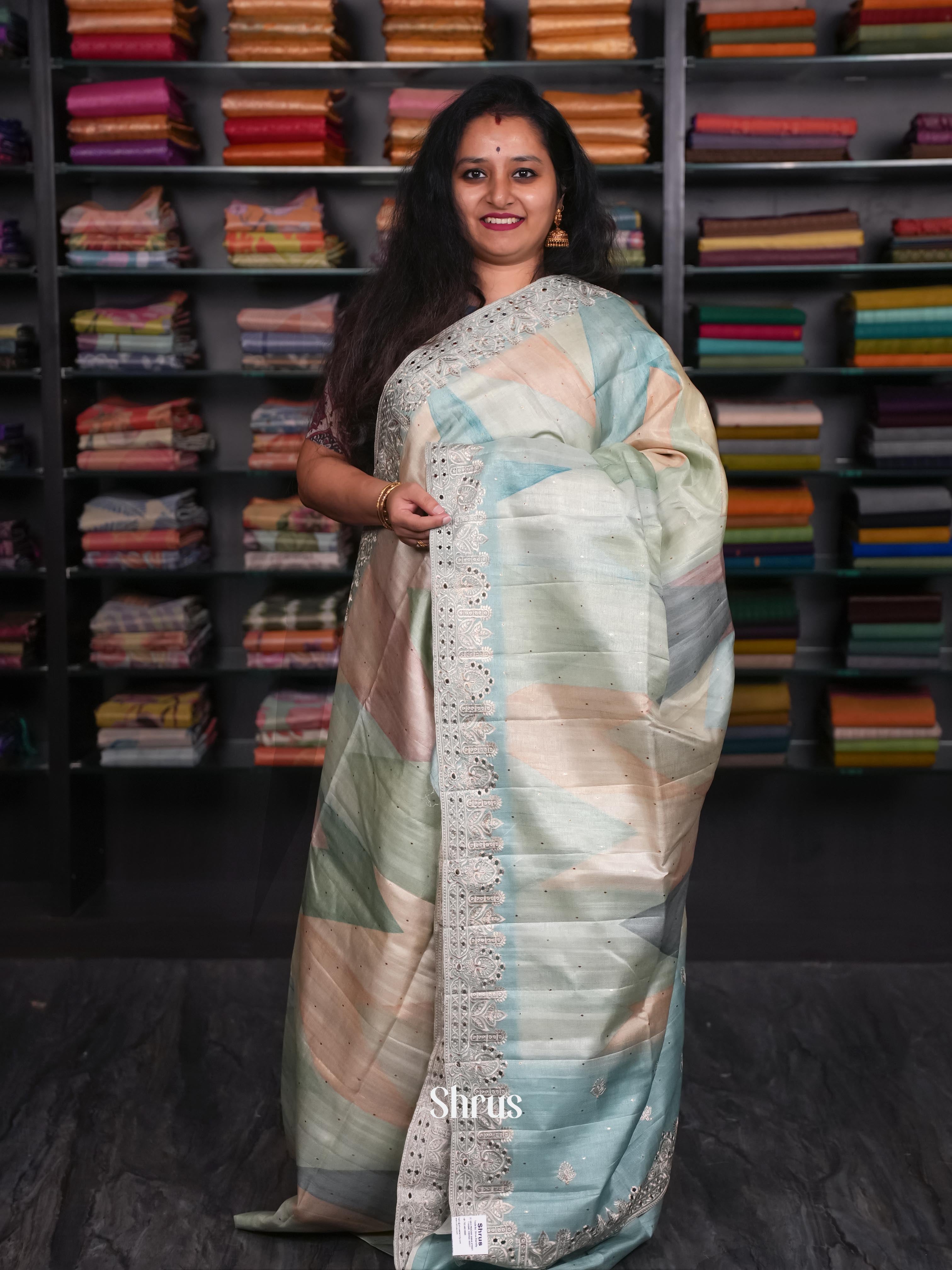 Pastel Green & Blue - Moonga Silk Saree - Shop on ShrusEternity.com