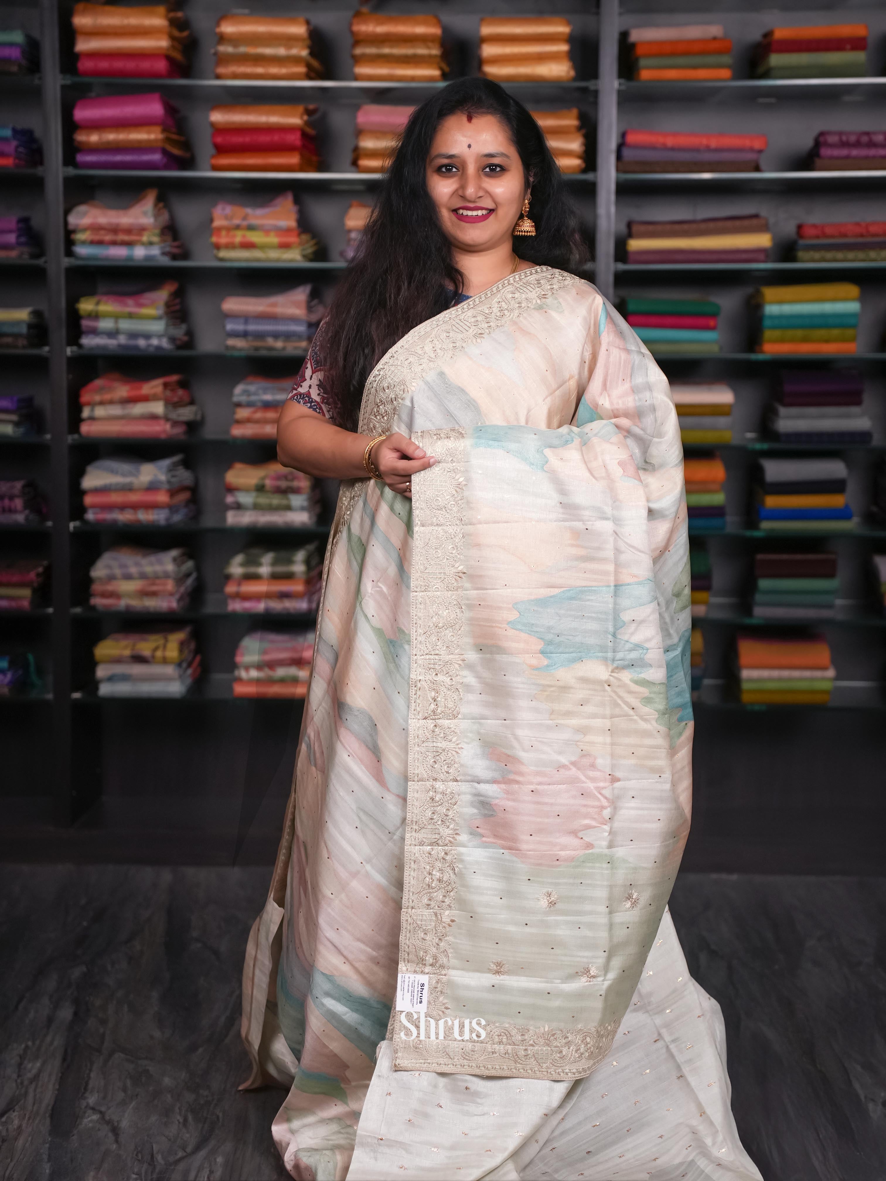 Pastel shades of Peach & Grey - Moonga Silk Saree - Shop on ShrusEternity.com