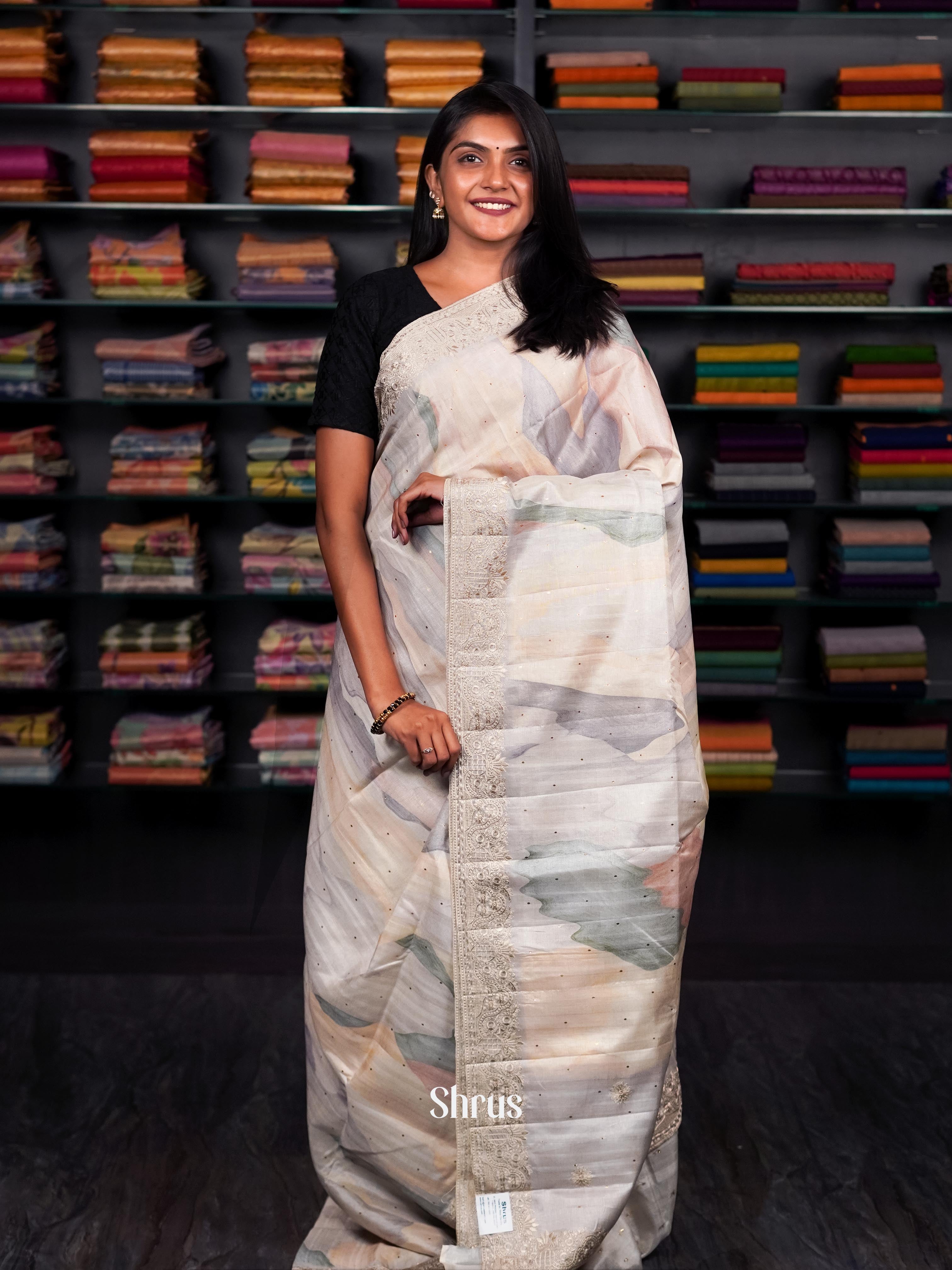 Grey & Green - Moonga silk Saree - Shop on ShrusEternity.com