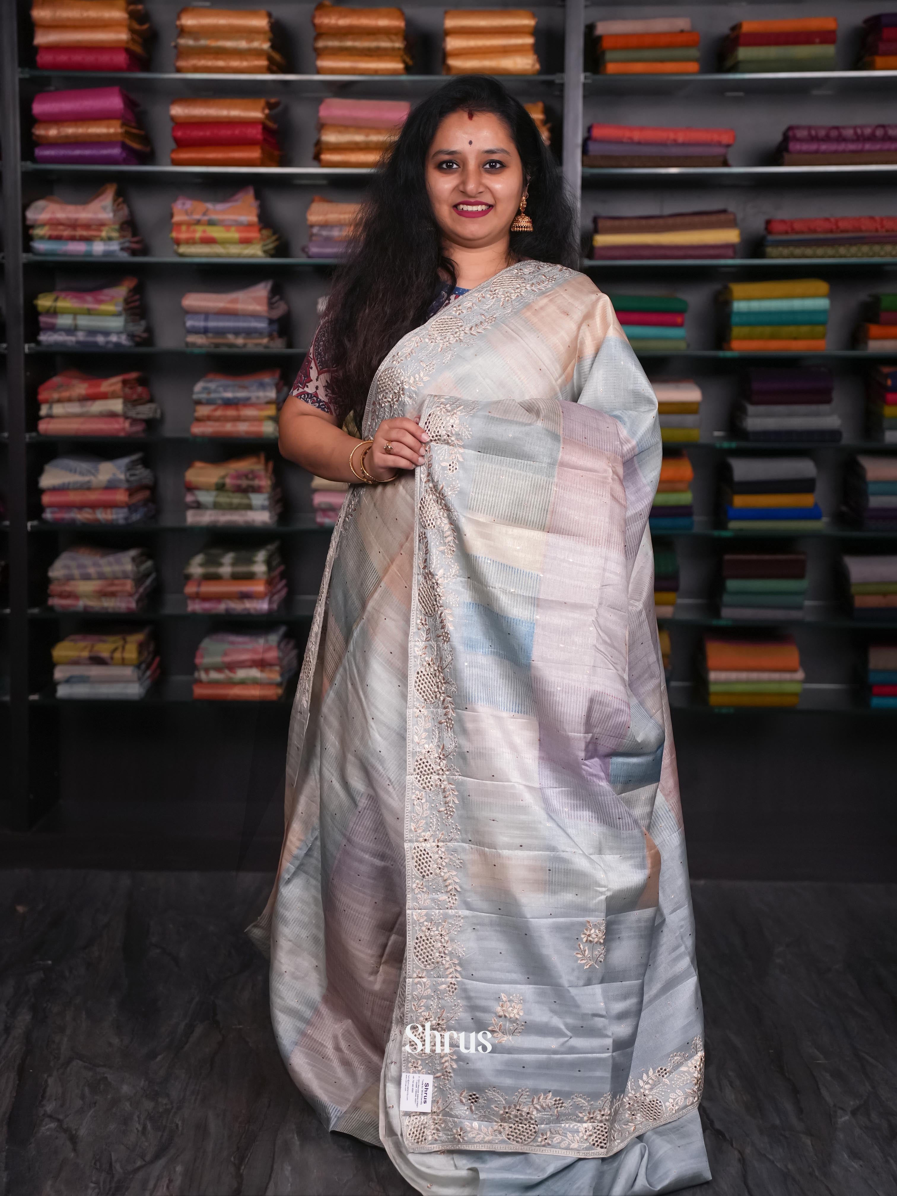 Pastel Peach Shades & Grey - Moonga Silk Saree - Shop on ShrusEternity.com
