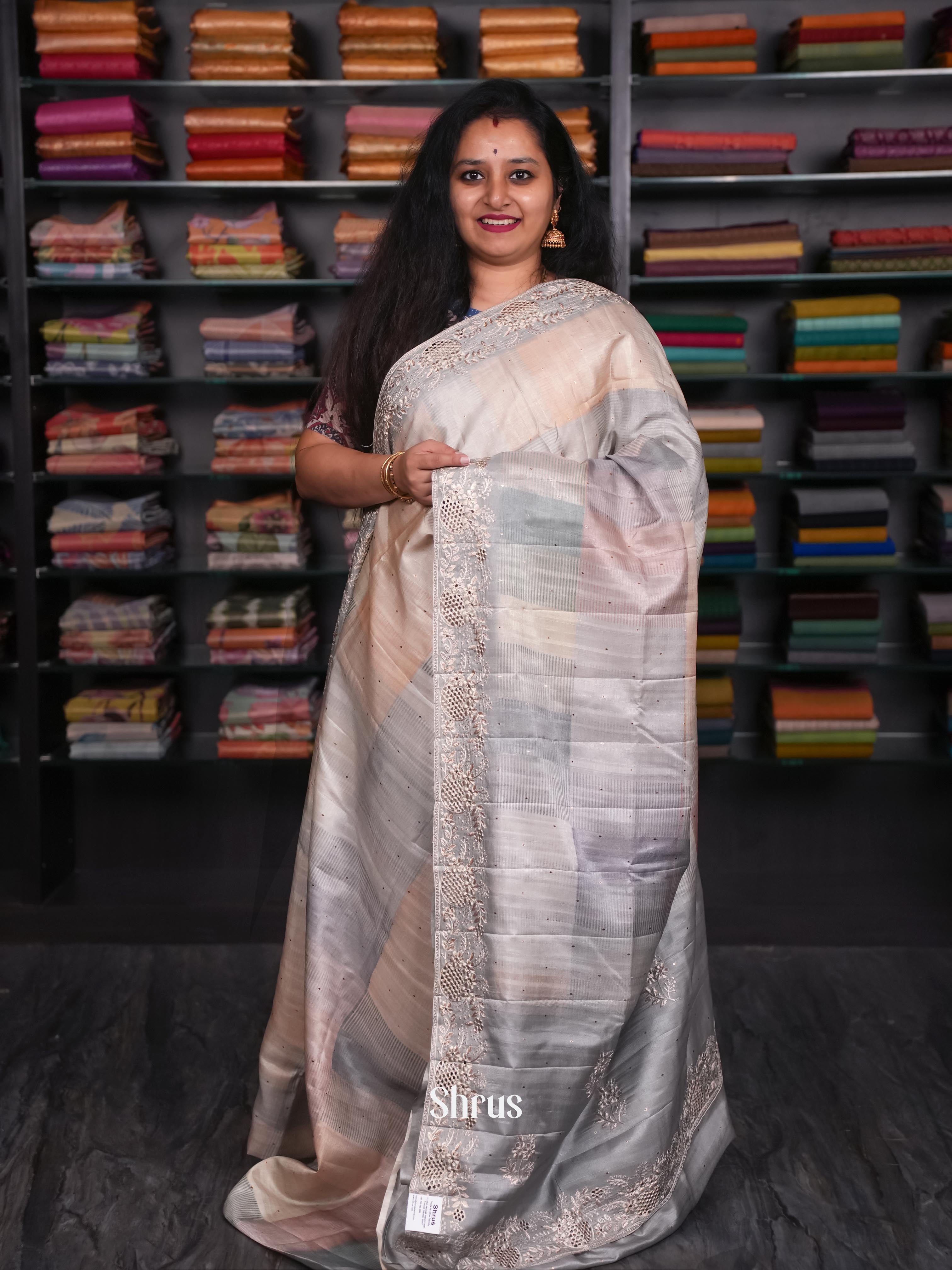 Peach & Grey - Moonga Silk Saree - Shop on ShrusEternity.com