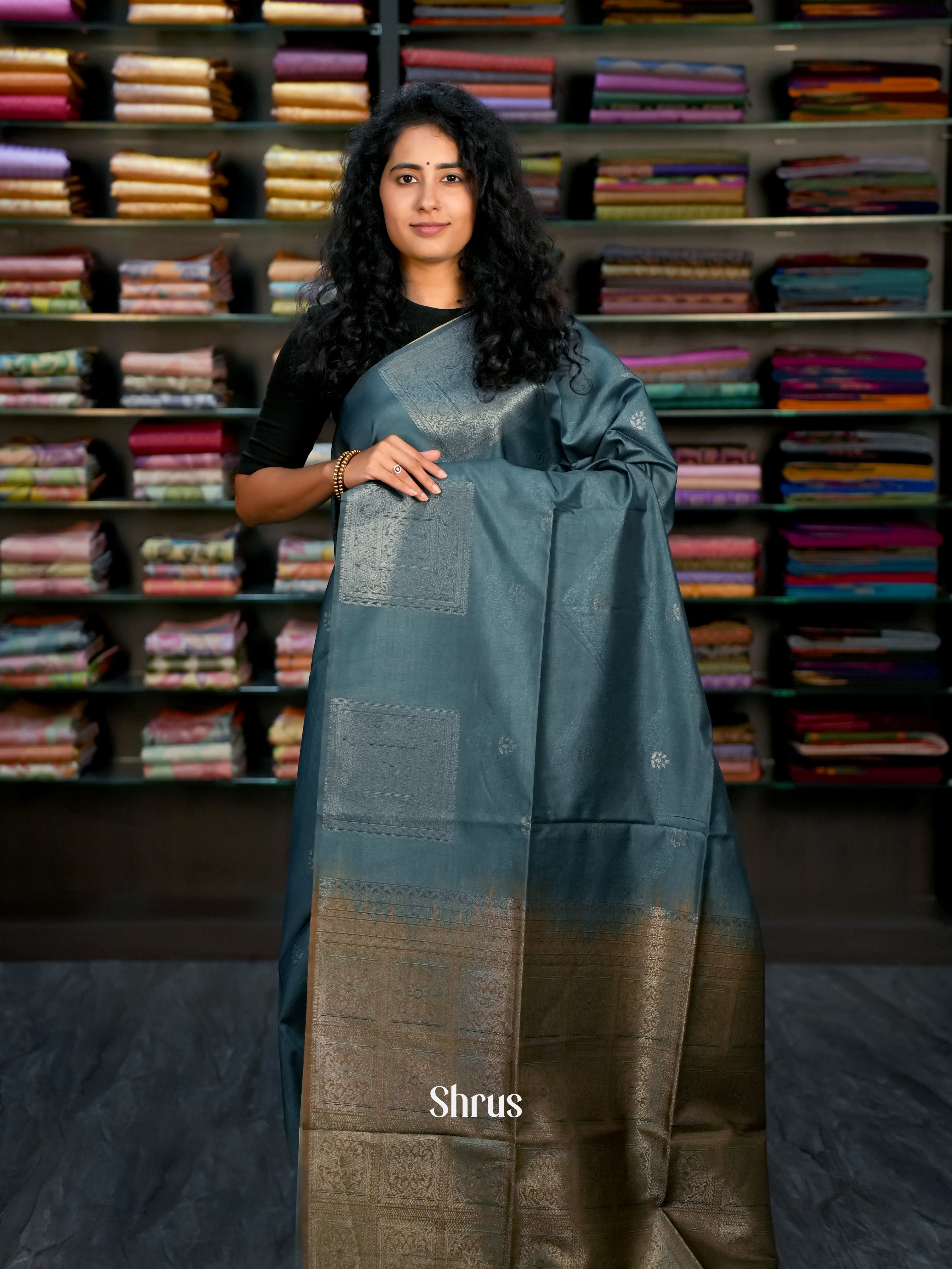 Bluish Grey & Brown - Semi Tussar Saree - Shop on ShrusEternity.com